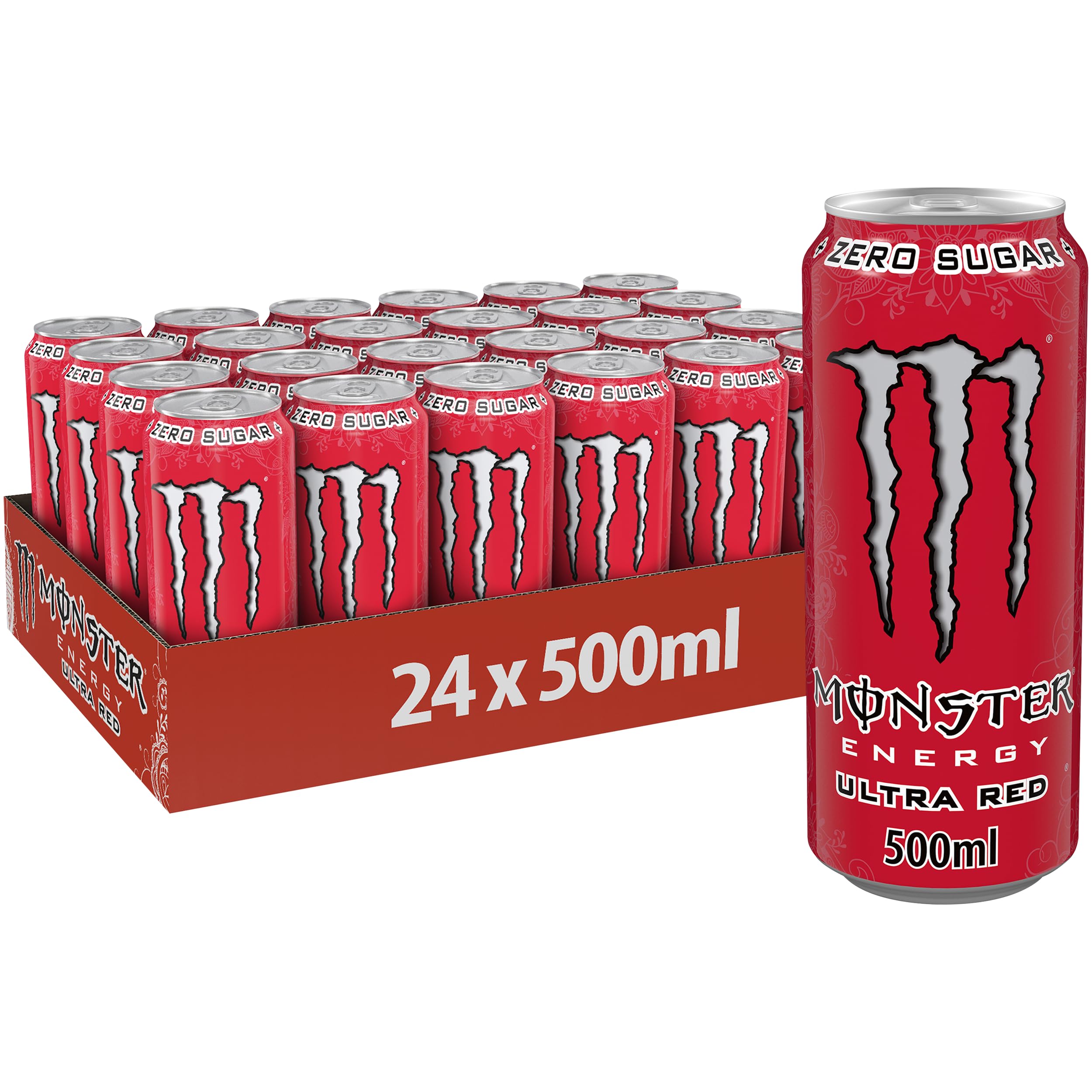 Monster Energy Ultra Red – 24 Lattine da 500 ml, Energy Drink Zero Zuccheri e Poche Calorie, Bevanda Energetica dal Gusto Leggero e Rinfrescante di Frutti Rossi Ultra Red 500ml
