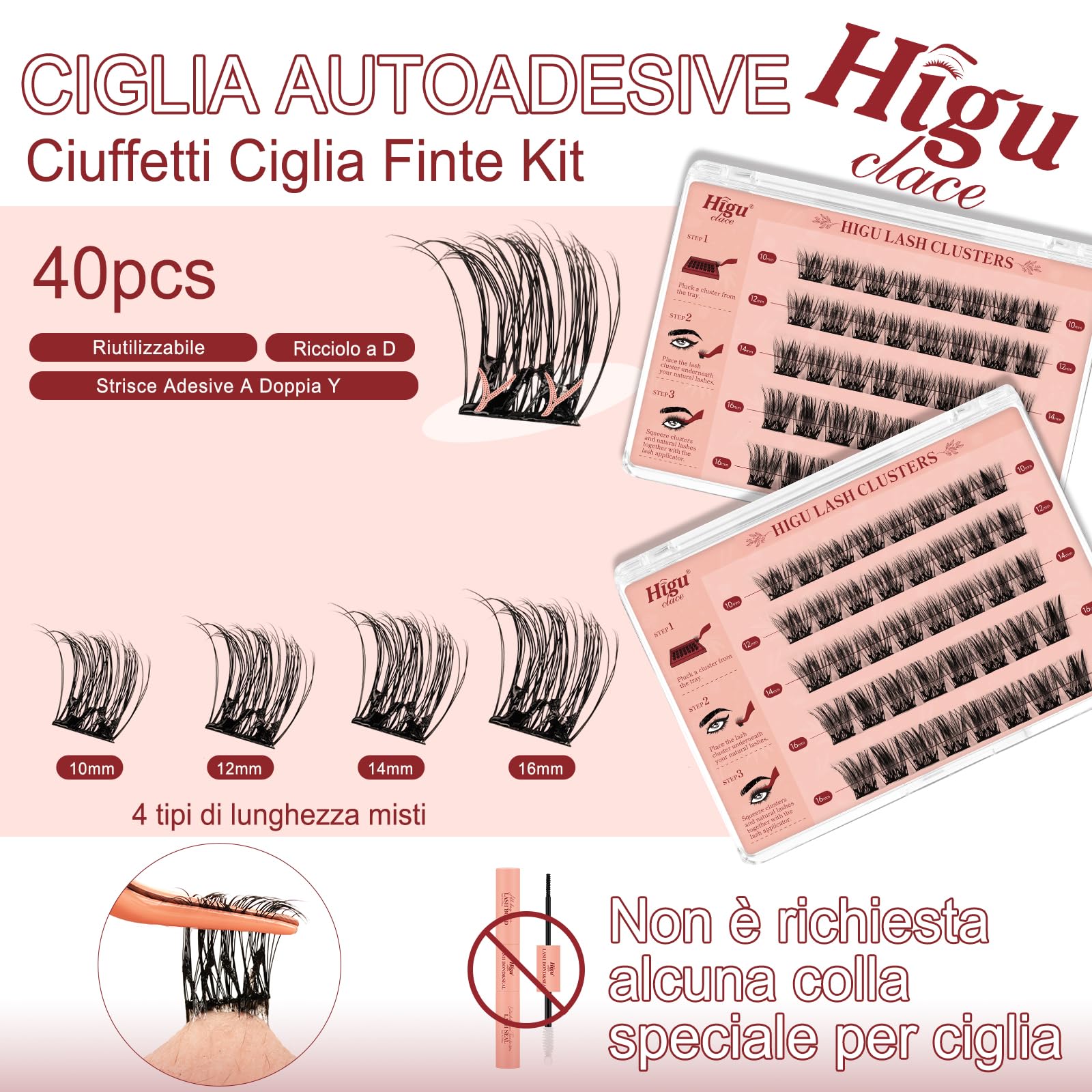 Higu Clace Ciglia Autoadesive, Ciuffetti Ciglia Finte Mix 10-16 Mm, Ciglie Finte Naturali, Ciglissime Press E Go Kit Senza Colla Adatto Ai Principianti(Natural)