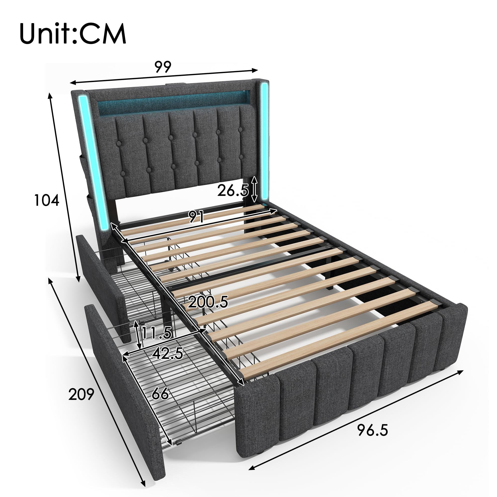 Modernes Polsterbett 90x200cm | Grau | USB-C Ladefunktion | LED-Beleuchtung | 2 Schubladen | Smart Home App | Fernbedienung | Robuster Lattenrost | Jugendbett | Stauraumbett