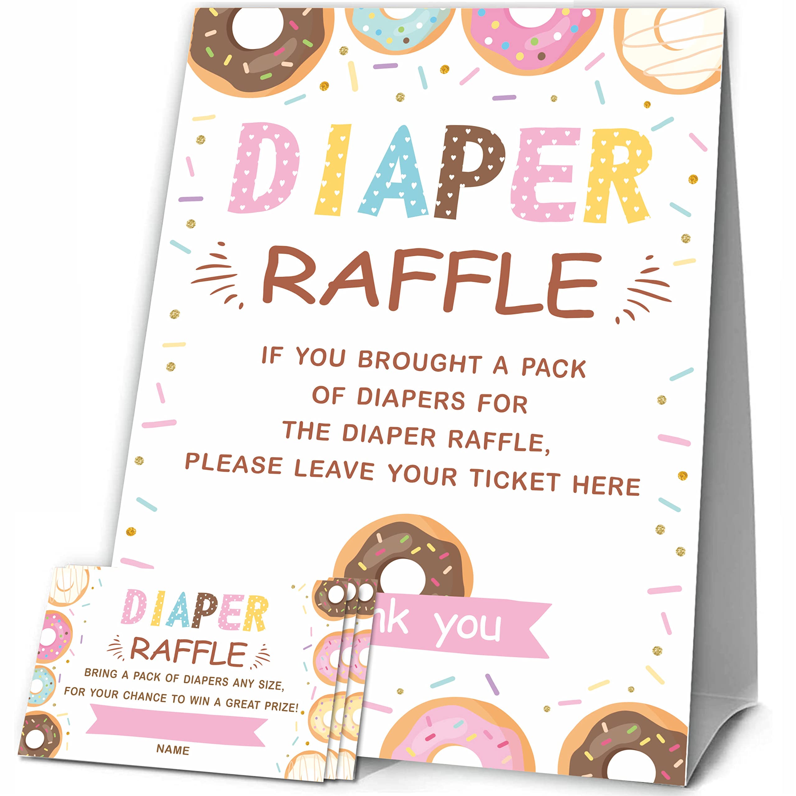 Baby Shower Games, 1 Diaper Raffle Standing Sign with 50 Diaper Raffle Tickets,Donut Love Theme Babyshower Party Decorations and Supplies For Boys or Girls(LBLK-B10)