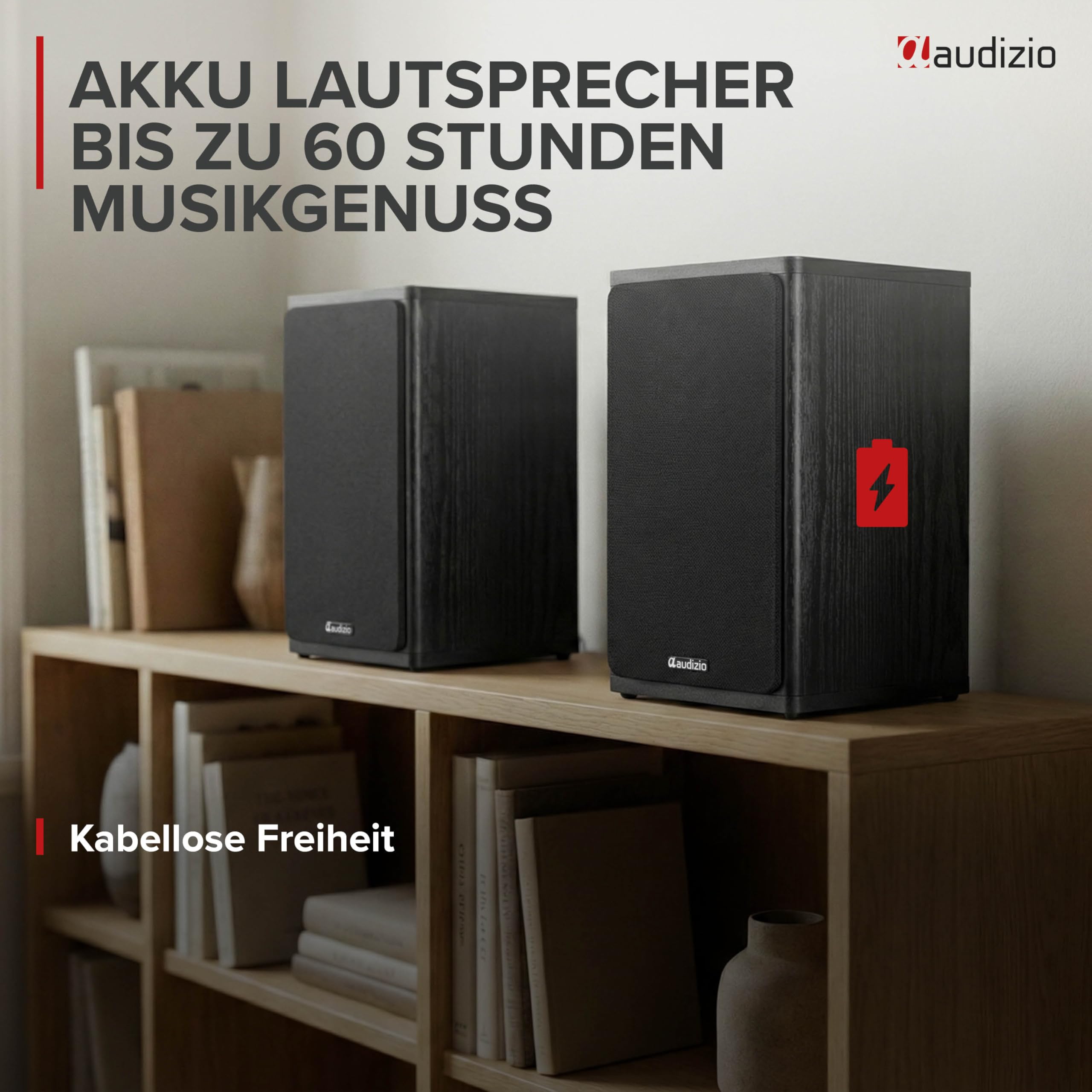 Audizio BS20 Aktivlautsprecher mit Akku, Stereo Regallautsprecher, 60h Laufzeit, 100 Watt, BT 5.4 & AUX, HiFi Studio Monitor Boxen mit 4" Woofer - Bluetooth Speaker für TV & Desktop - Schwarz