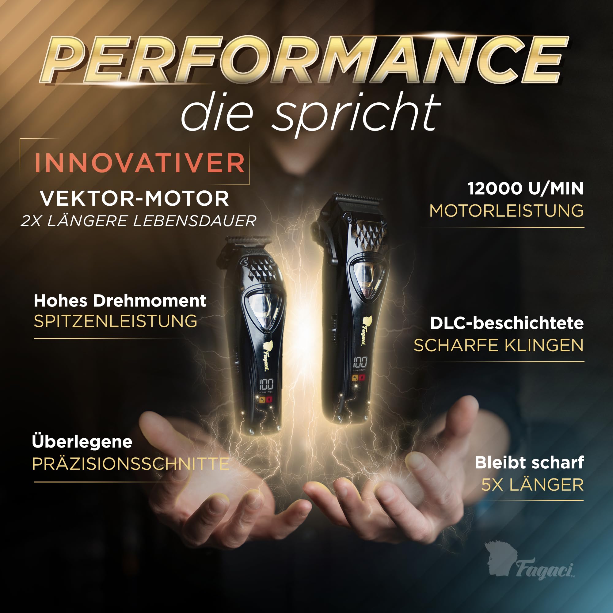 Fagaci Haarschneidemaschine und Trimmer, DLC Klingen, Vektormotor 12000 RPM | Für intensive Nutzung ausgelegt, 2x Lebensdauer, DLC-beschichtete Klingen, extreme Schärfe, Präziser, müheloser Schnitt