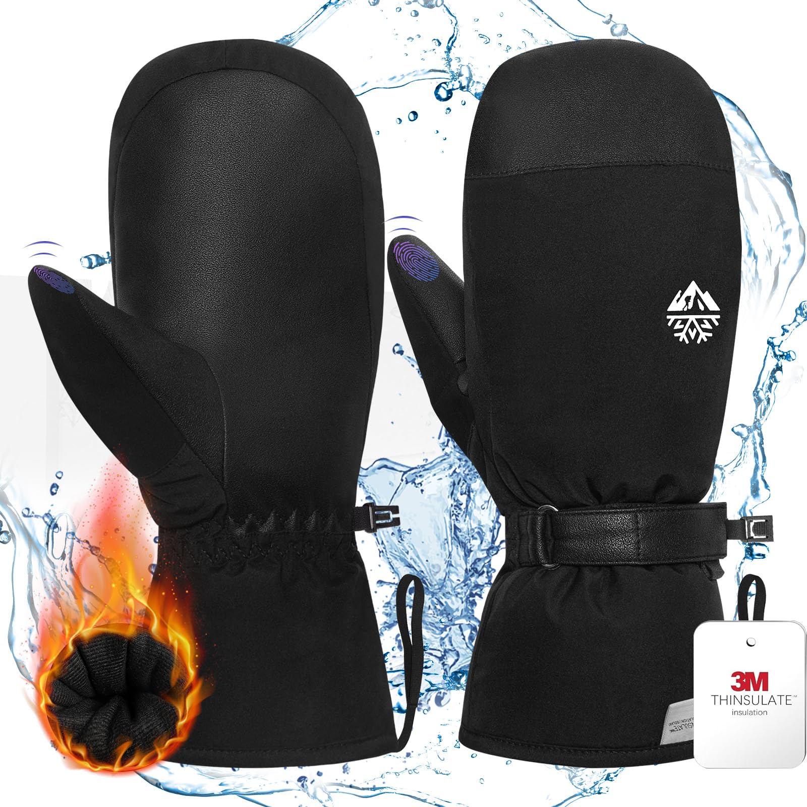 RIGWARLWaterproof Ski Mittens Men Women, 3M Thinsulate Insulated Thermal Snow Gloves with Whole Anti-Slip PU Palm, Windproof Touchscreen Winter Mittens for Cold Weather, Suitable for All Snowsports
