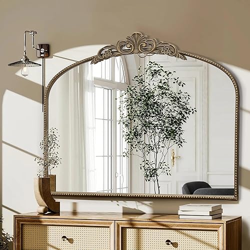 Miniatura 6 de Micasso Espejo de pared antiguo dorado espejo arqueado grande de 29 x 36 pulgadas, espejo decorativo barroco tradicional adornado para decoración