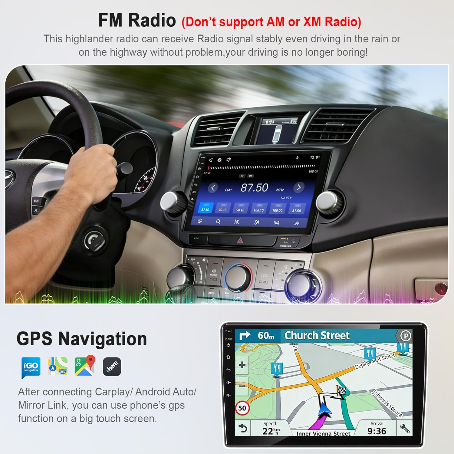 Car Radio Stereo for Toyota Highlander 2008-2013 (Without JBL Sound System), Support Wireless Carplay/Android Auto/Mirrorlink, 10.2 Inch QLED Touchscreen with Bluetooth,FM Radio