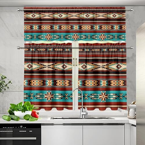Miniatura 3 de Gomyblomy Azteca - Juego de cortinas y cortinas con bolsillo para barra, juego de 3 cortinas de cocina, elegante y lavable, decoración del hogar,