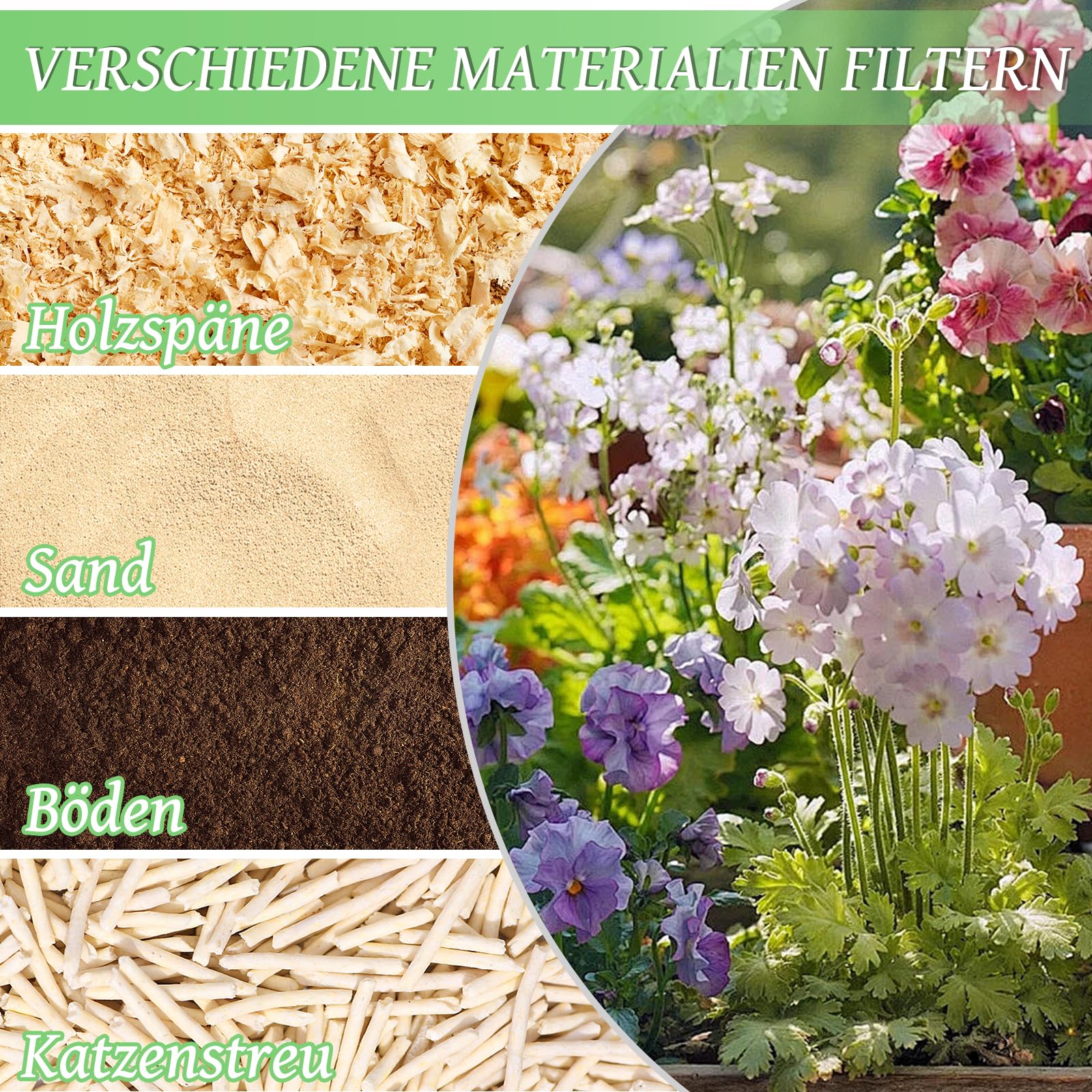 4 Stück Edelstahl-Gartensiebe, Grobsieb und Kompostsiebschaufel, Kompostsieb mit Griff, Katzentoilettenschaufel Gartensieb Erde, Steine, Katzentoiletten (2/2,8/3,8/5 mm Maschenweite)