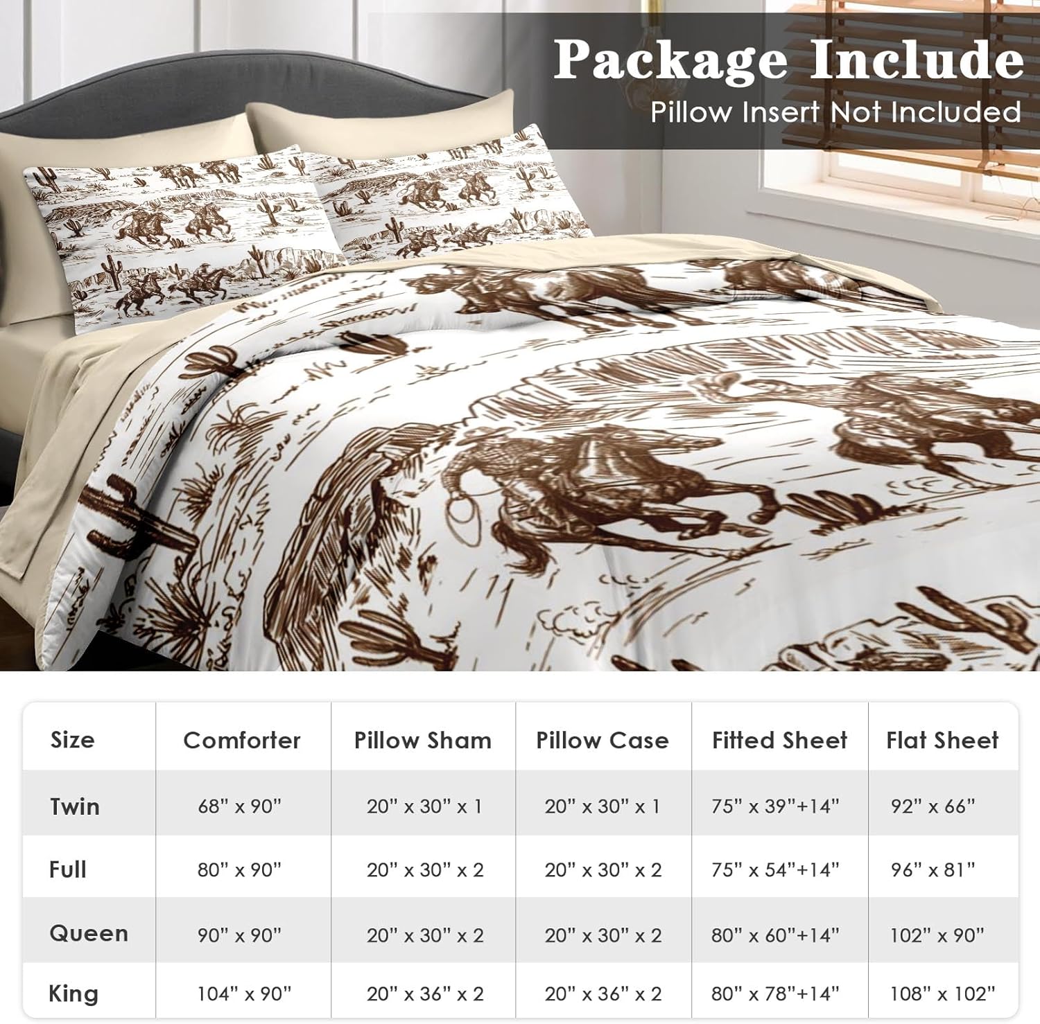 Comforter Set Queen Size, American Desert Cowboy 7 Pcs Bedding for Kids and Adults, Western Vintage Horse Bed Sheet Sets with Fitted Sheet 2 Pillowcases & 2 Shams for Bedroom Bed Decor - Image 6