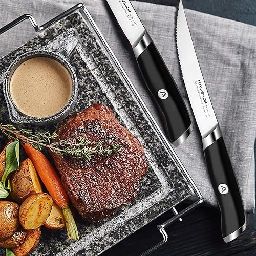 Miniatura 8 de HAUSHOF Juego de 4 cuchillos para carne, acero inoxidable alemán de alta calidad con caja de regalo, diseño de espiga completa con mango ergonómico,