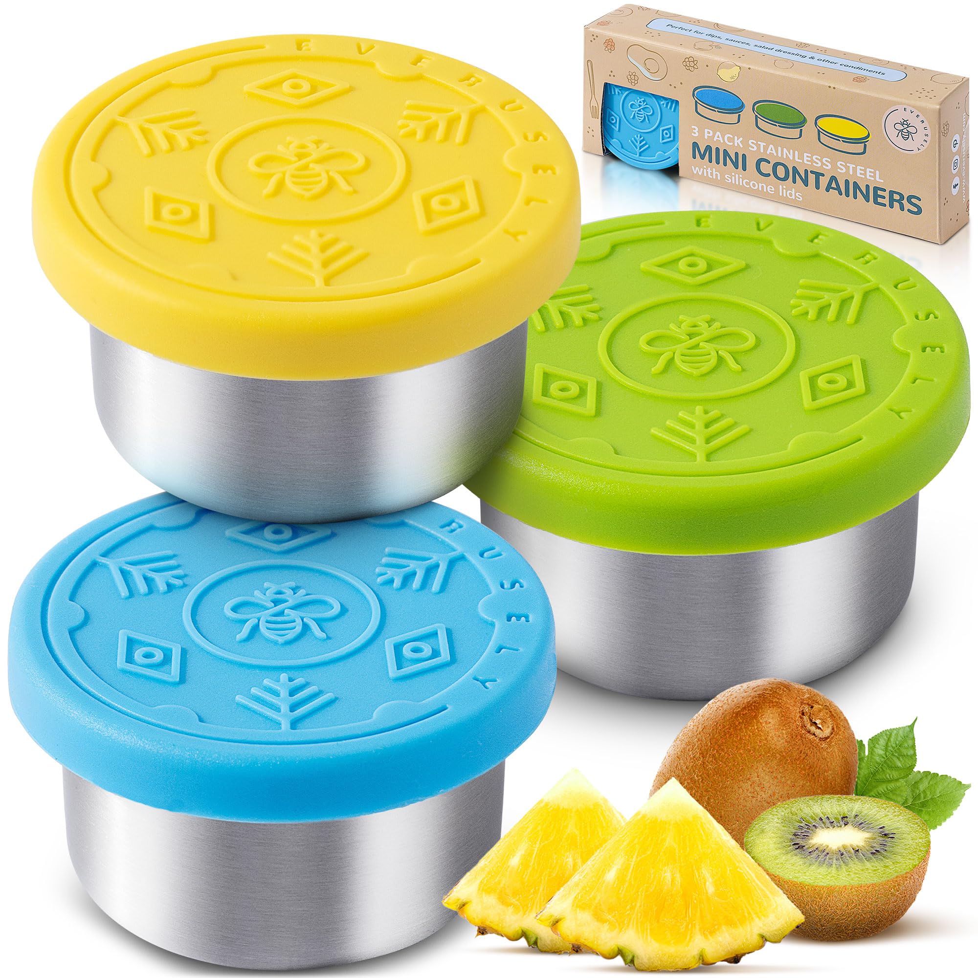 Everusely Condiment Cups - 3 Pack, 1.7 oz / 50 ml, Summer, Stainless Steel - Condiment Containers with Lids - Reusable Salad Dressing Container To Go - Sauce & Dip Cup for Lunchbox, Meal Prep