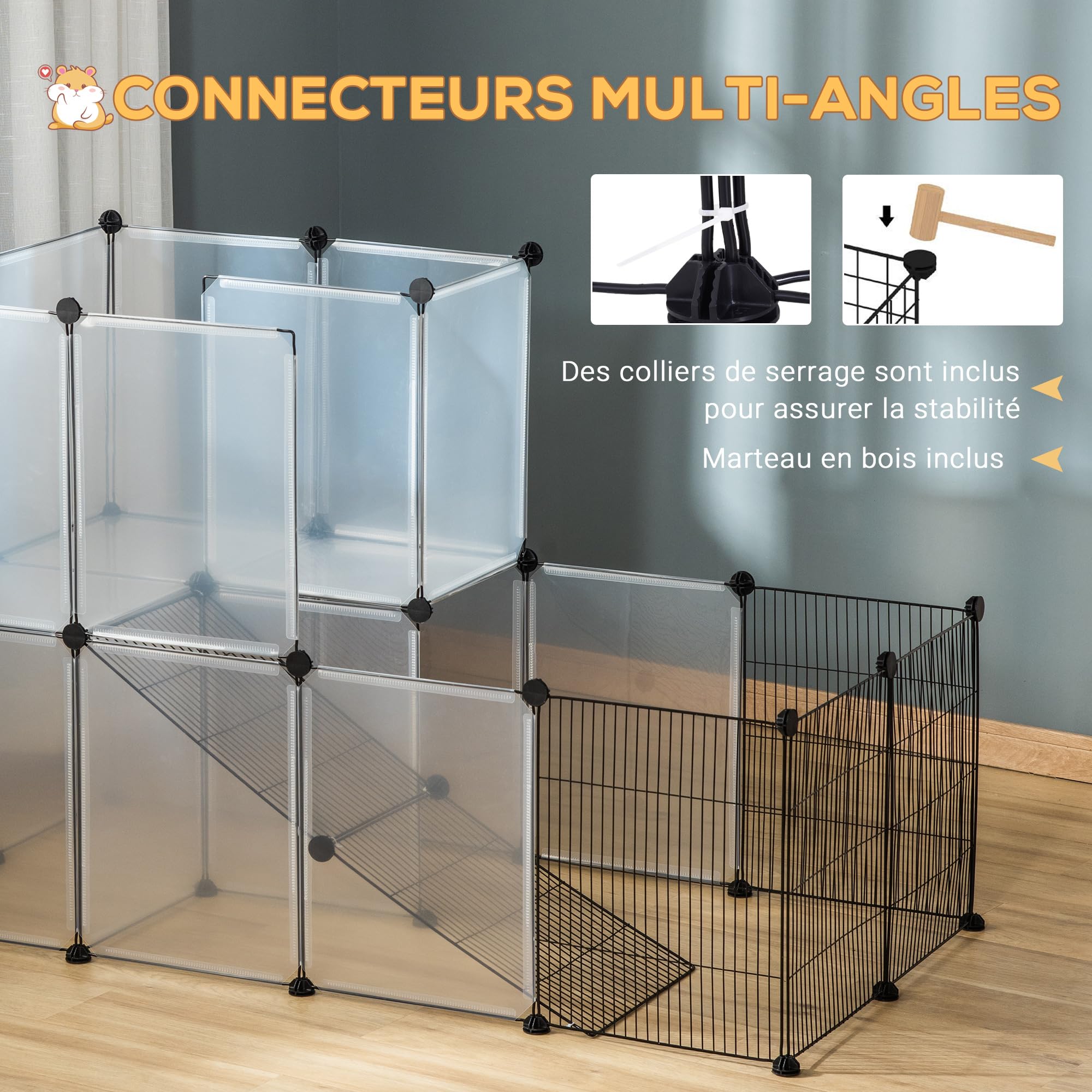 PawHut Enclos Lapin Interieur, 2 Niveaux, Parc Cage modulable Design Ouvert et Visible en Fil d'acier, clôture pour Petits Animaux, Lapin, Chinchilla, Cochon d'Inde, 27pcs, 140 x 70 x 90 cm, Noir | Parc Cage Modulable Design Visible en Fil d'Acier, Clôtur