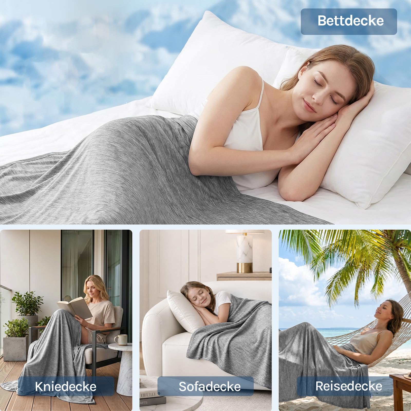 WOLTU Kühldecke mit Q-Max>0.45 fürs Schlafen, Sommerdecke Selbstkühlende Decke Mikrofaser Arc-Chill, kühl und hautfreundlich, weiche Sofadecke Reisedecke 150 x 200cm Grau