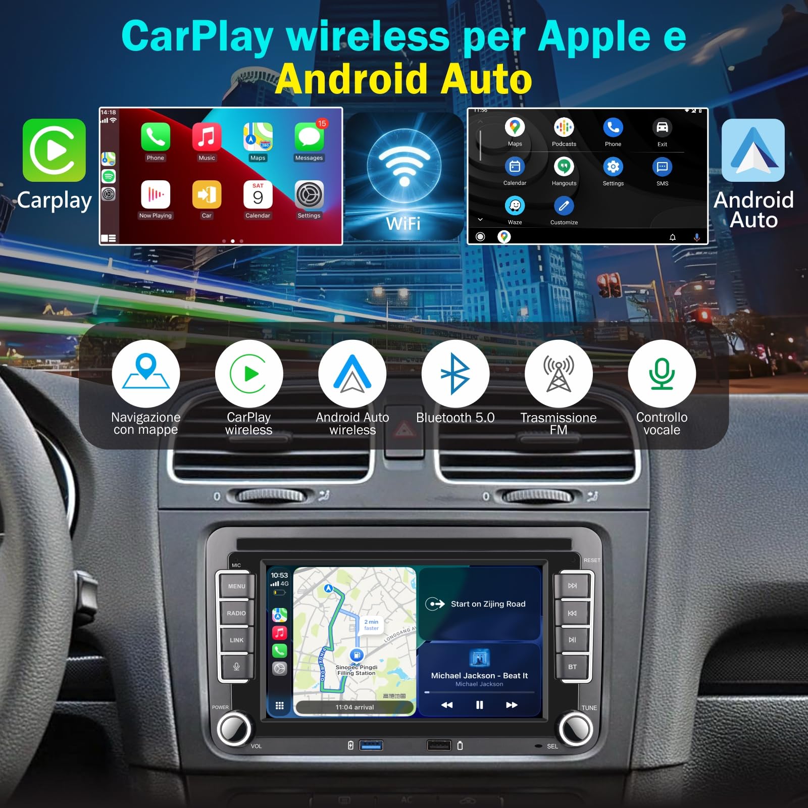 [Prestazioni Elevate] Autoradio Linux 7" IPS con Autoradio con CarPlay senza fili Android Auto, Bluetooth, FM/AM, USB, EQ – per VW Golf 5/6, Passat, Jetta, Caddy, Polo, CC, Tiguan, EOS, Touran, T5