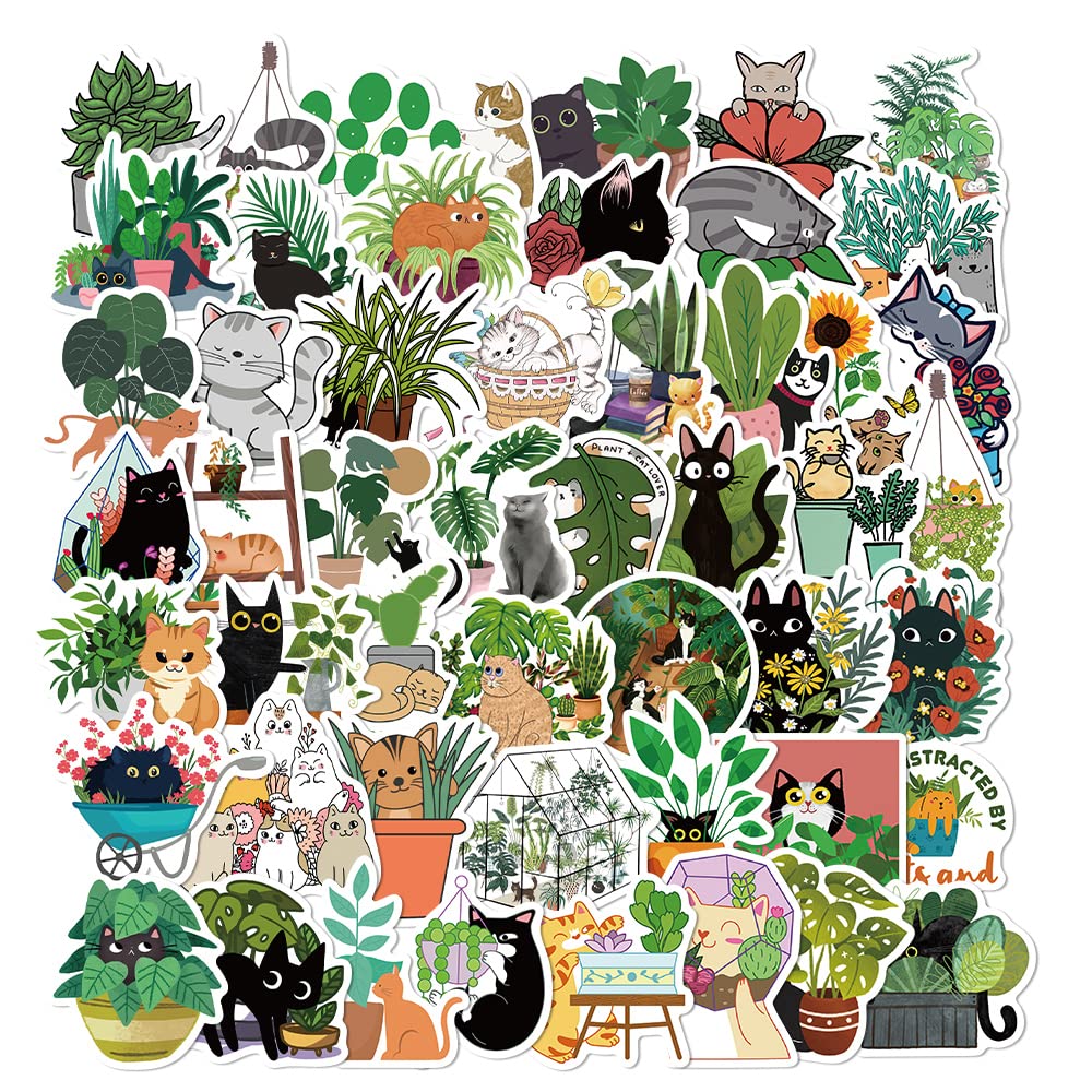 Gatos Y Plantas Pegatinas, 50 Piezas Lindo Dibujos Gato Verde Maceta Plantas Pegatinas, Vinilo Impermeable Negro Gato Stickers para Agua Botella, Portátil, Monopatín, Regalos para Niños, Adultos
