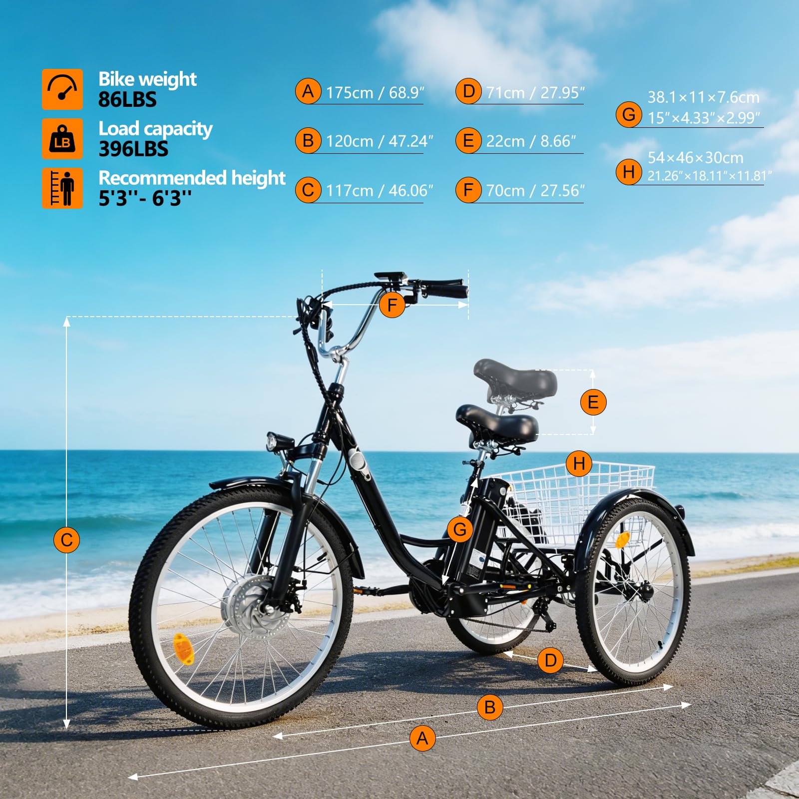 Triciclo elettrico per adulti, bicicletta elettrica da 24", per uomo e donna, con batteria da 36 V, 15 Ah, fino a 50 km, motore da 250 W, con display LCD, 25 km/h, cestino anteriore e