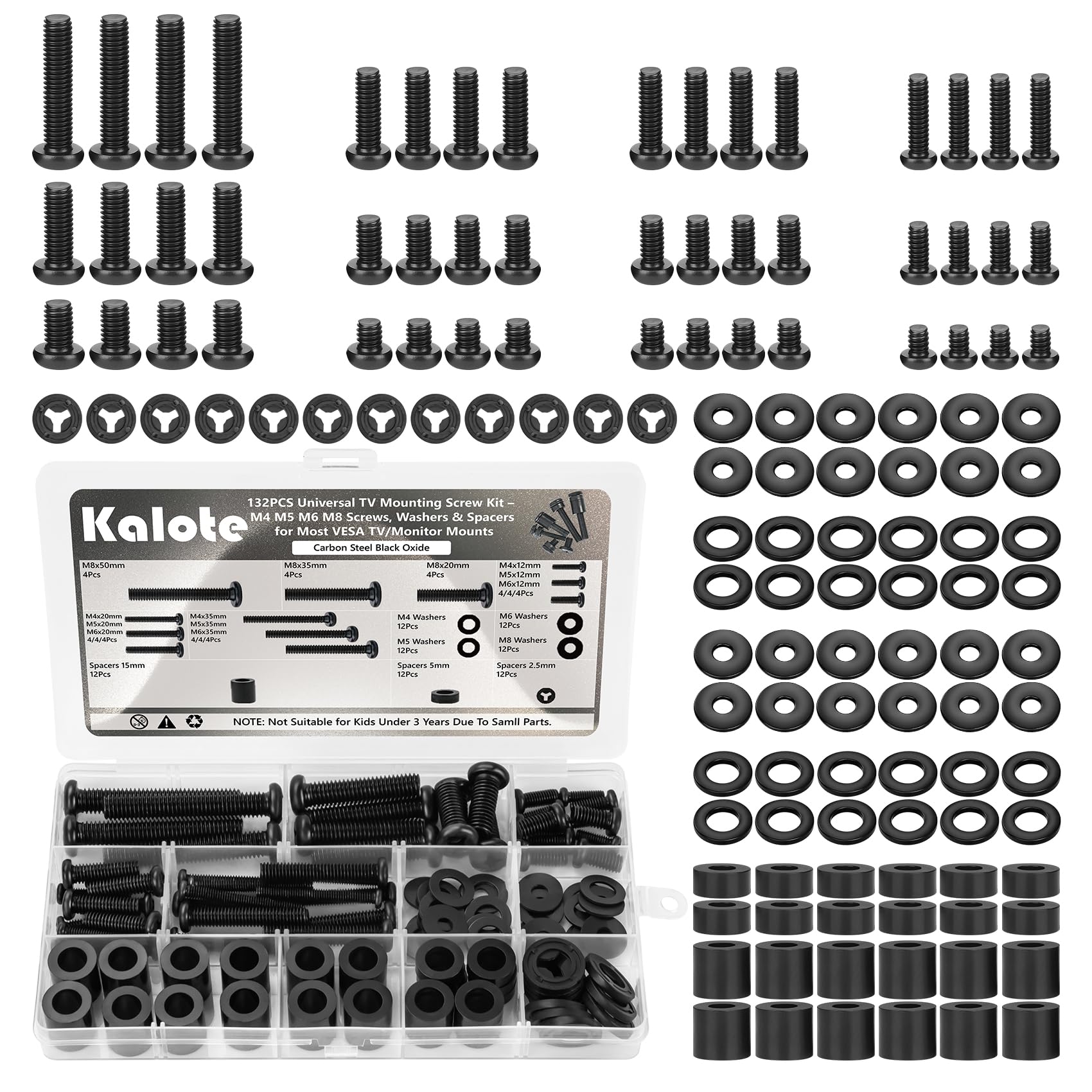 132PCS Universal TV Mounting Hardware Screw Kit Set, M4 M5 M6 M8 Black Screws and Washers Spacers, Replacement Screws for TV VESA Mounting Compatible Hardware for Mounting Most TVs/Monitors up to 80"