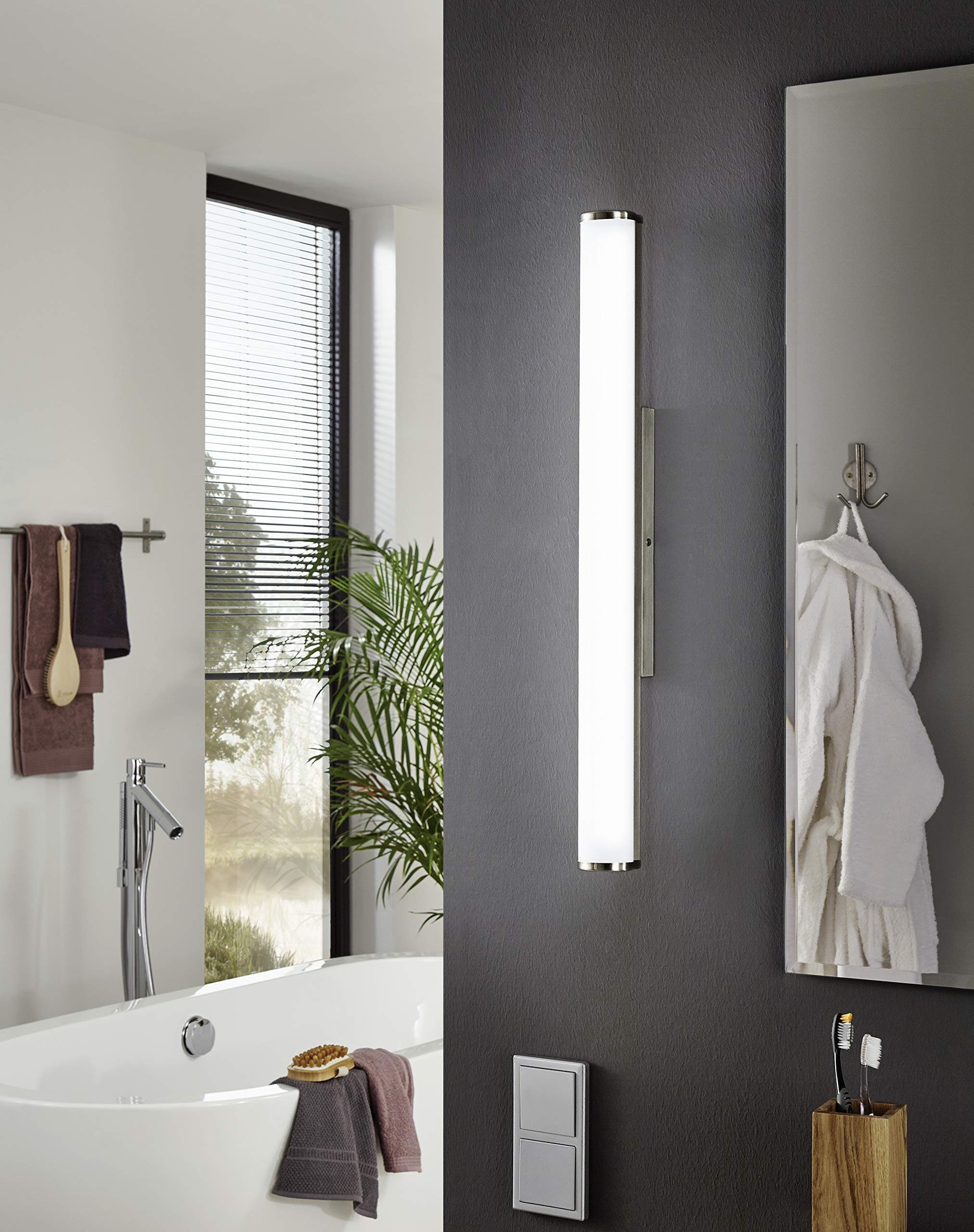 EGLO LED Wandlampe Calnova, LED Spiegelleuchte aus Metall in Nickel-Matt | satiniertes Glas in Weiß, Badezimmer Lampe, LED Feuchtraumleuchte neutralweiß, IP44, L 90 cm