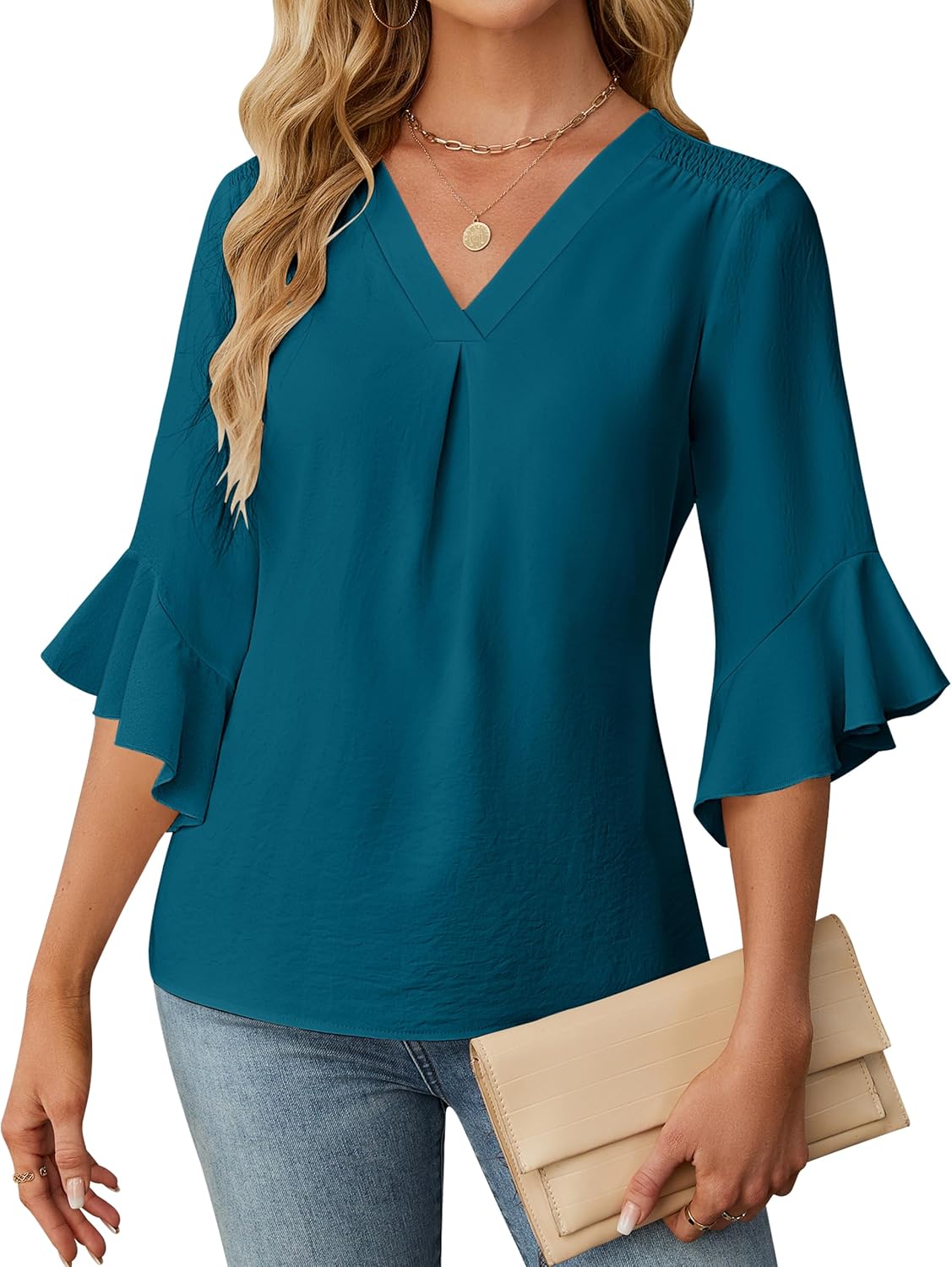 Blooming Jelly Womens 3/4 Length Sleeve Tops Summer Dressy Business Casual Blouses Work Shirts Chiffon V Neck Outfits 2025