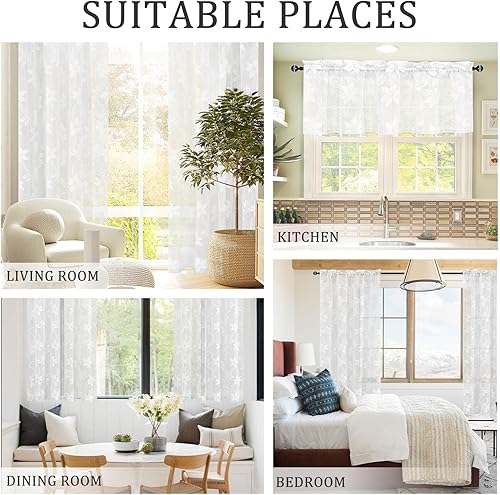 Miniatura 6 de DWCN Paquete de 2 cenefas de encaje floral para cocina, 52 x 18 pulgadas, con bolsillo para barra, cortina de gasa para ventana pequeña, cocina,