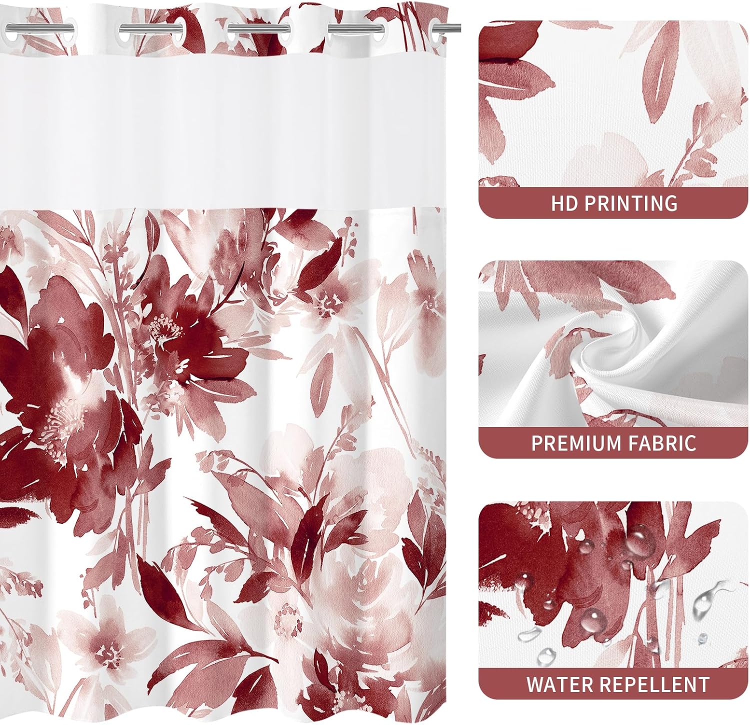 Litabel Extra Long No Hook Burgundy Watercolor Floral Shower Curtain and Liner Set, Flower Shower Curtains with Snap in Liner for Summer Bathroom Decor, Botanical Waterproof Shower Curtain Set,72x86