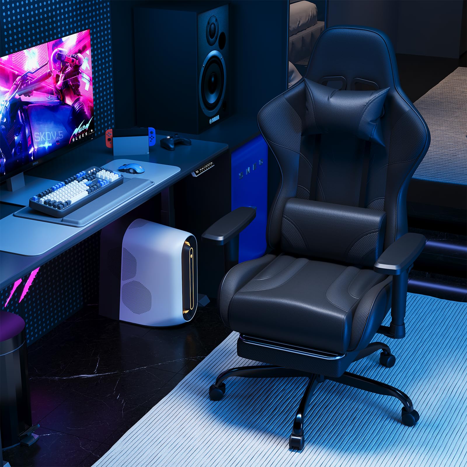 JUMMICO Sedia Gaming Ergonomica ad alto schienale con poggiapiedi estensibile, schienale reclinabile 90–135°, braccioli 2D regolabili, portata massima 150 kg, ideale per gioco e lavoro,Nero