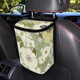 Pinupub Green Floral Car Trash Can - Funny Print Sturdy Leak Proof Vehicle Garbage Can with Lid Travel Collapsible Hanging Car Trash Container for Back Seat