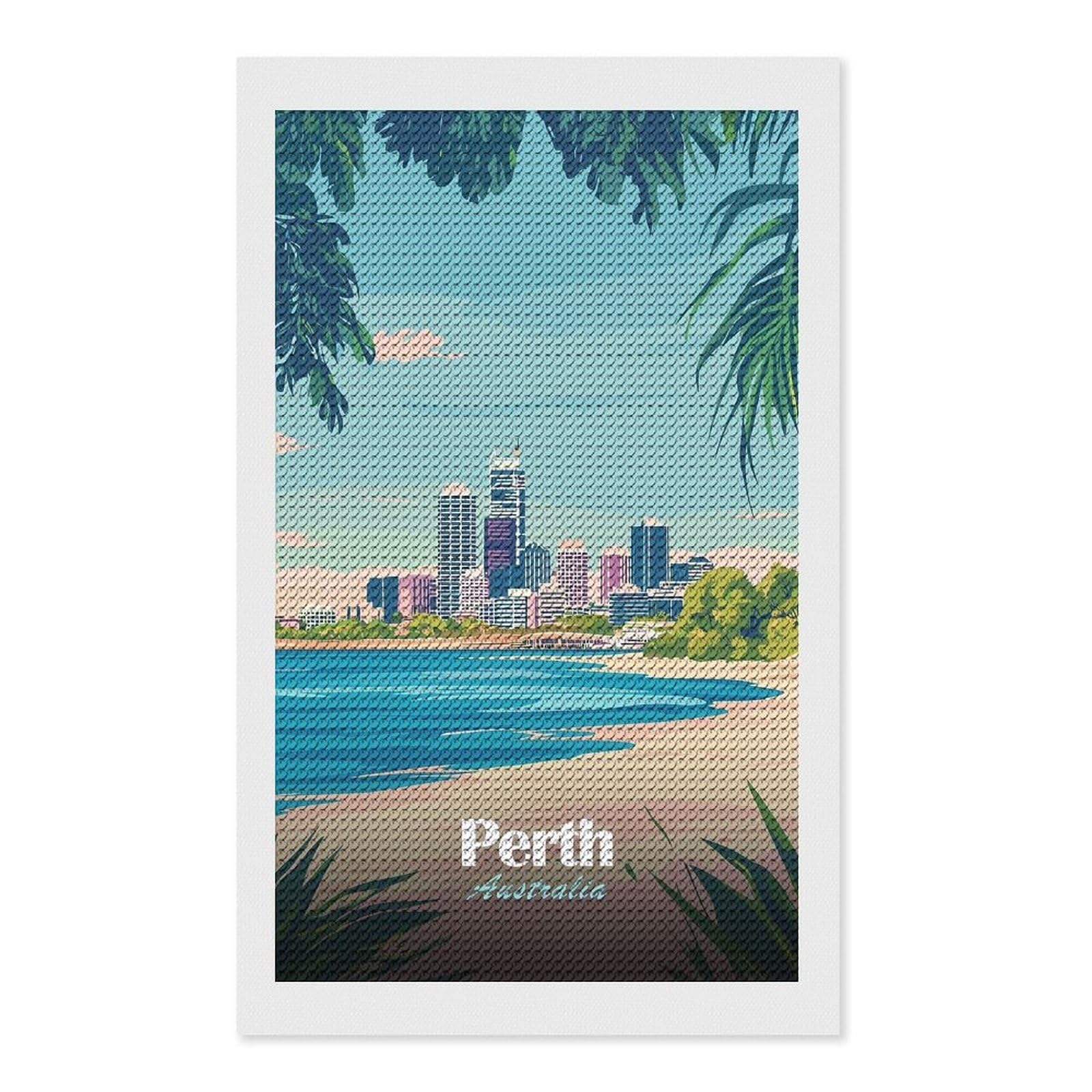 Junmoney Perth Skyline Diamond Art Kit 12"x20", Holiday Gift Idea, for Women, Easy Handmade Project, Vintage Style Decor, Printed Canvas