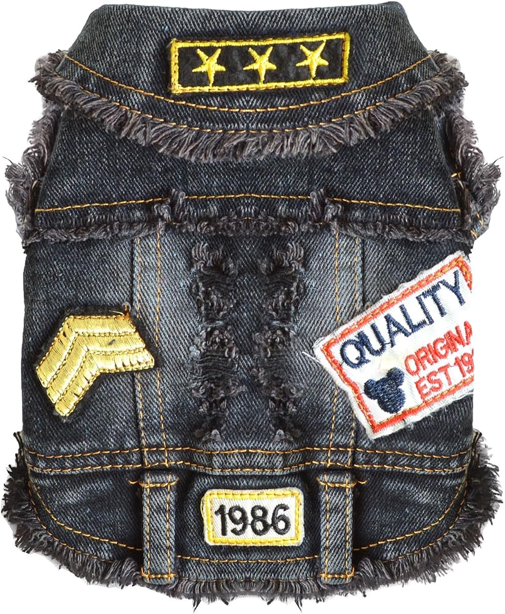 Cool Dog Jean Chaqueta para cachorros pequeños, ropa Frenchie, abrigos de mezclilla para perros pequeños, medianos, gatos, niños, niñas, chaleco para mascotas, camisa para perro, disfraz de perrito (estampado negro, S (sugiere 4-6 lbs))