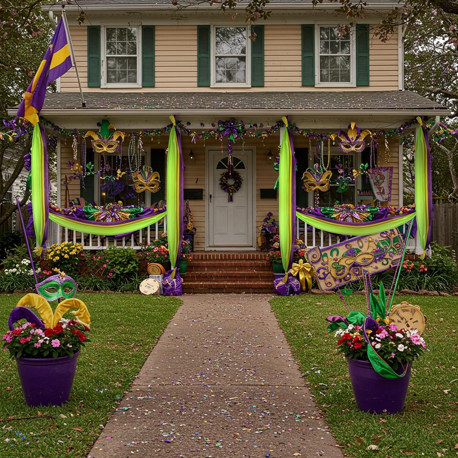 Boao 36 Pieces 9.84 ft Mardi Gras Decoration Set Mardi Gras Fabric Bunting Purple Yellow Green Hanging Decorations Mardigras Banners for Outside Indoor Front Door Masquerade Party