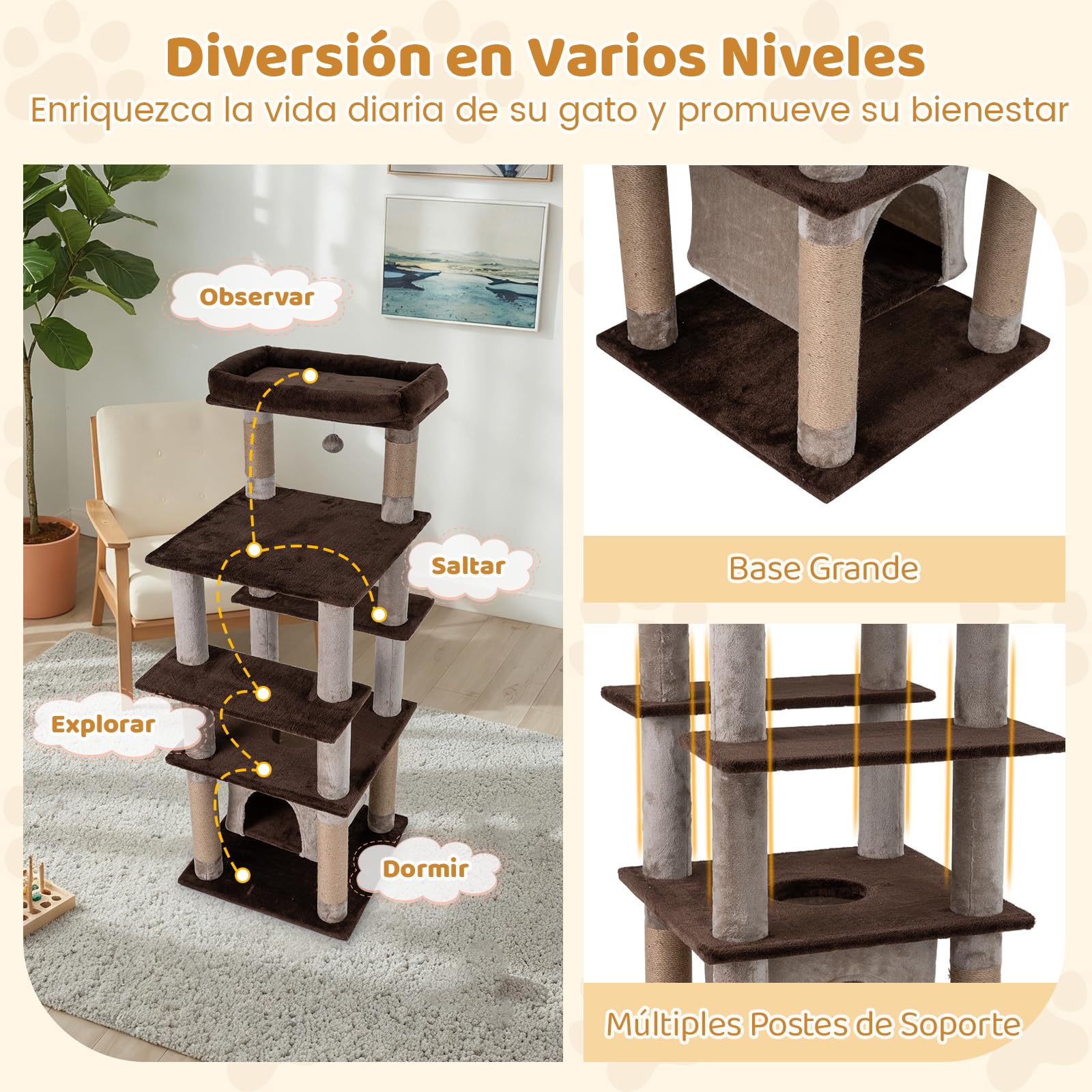 COSTWAY Rascador para Gatos Grandes, Árbol Rascador para Gatos Multinivel, Altura 148 cm con Condominio, Percha de Peluche, Postes Rascadores, Agujero, Pompón y Plataformas, Torre Gato de Interior
