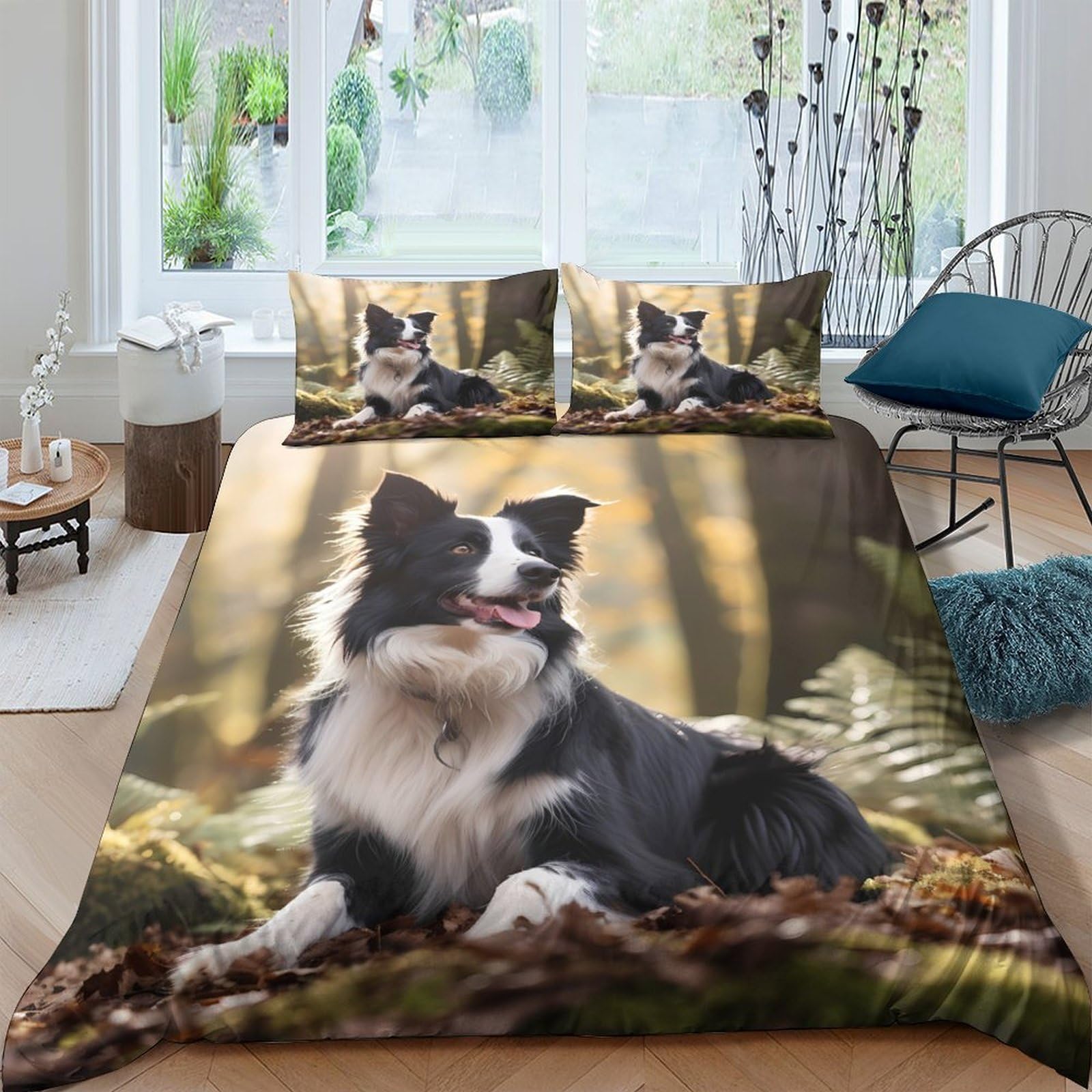 Ctjqhvkz Style-2 3D Printed Forest Border Collie Fitted Sheet Microfiber Soft Bed Cover Woodland Dog Decor Bedroom Dorm Single（135X200cm）