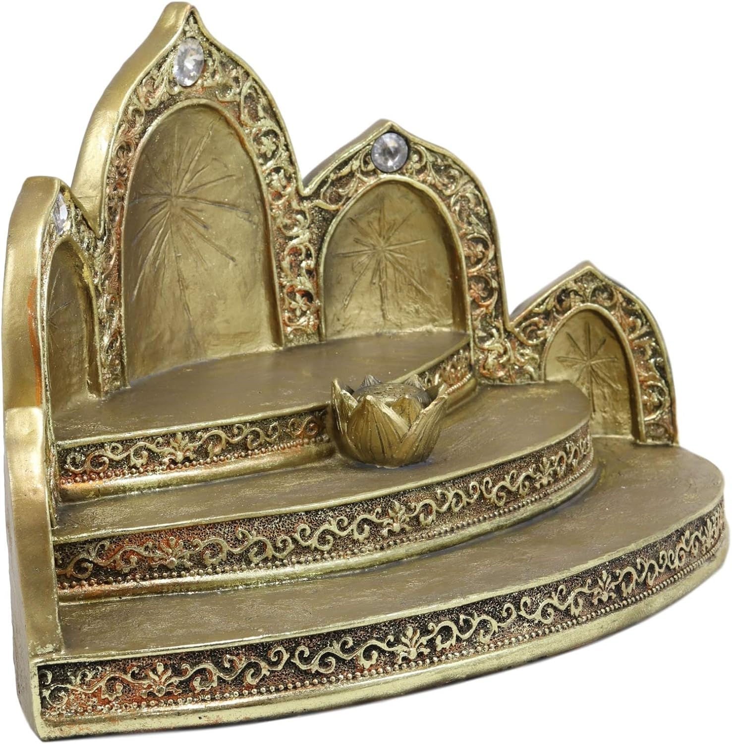 Ebros Gift Golden Tibetan Buddhism Altar Shrine Steps Miniature Display Stand with Lotus Padma Incense Sticks Holder 13" Wide Eastern Enlightenment Feng Shui Buddha Decor Statue