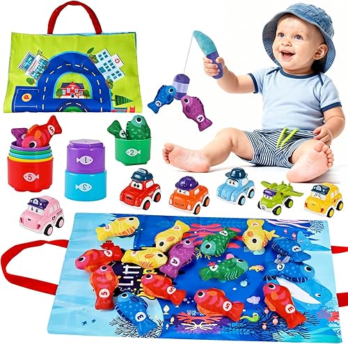 Juguetes Montessori 2 en 1 para niños de 1 año - Juego de pesca para niños pequeños con tazas apilables y autos abatibles, juguetes de aprendizaje