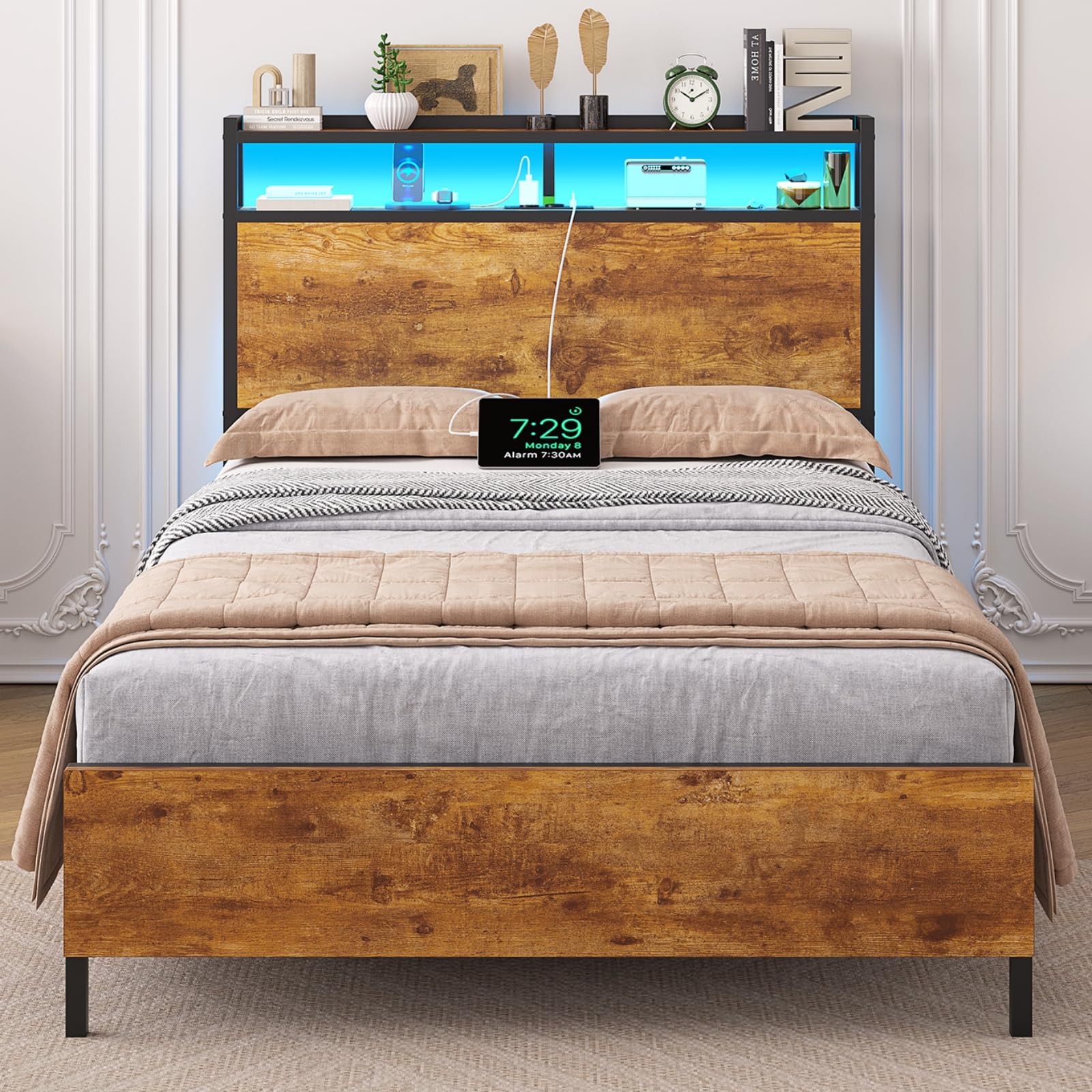 Brinlawb Struttura Letto Singolo 90x200 cm con Luce LED e Stazione di Ricarica (2 Prese CA, 2 Porte USB) Struttura Letto 90x200 cm con struttura in metallo, Facile da montare, Moderno, Marrone