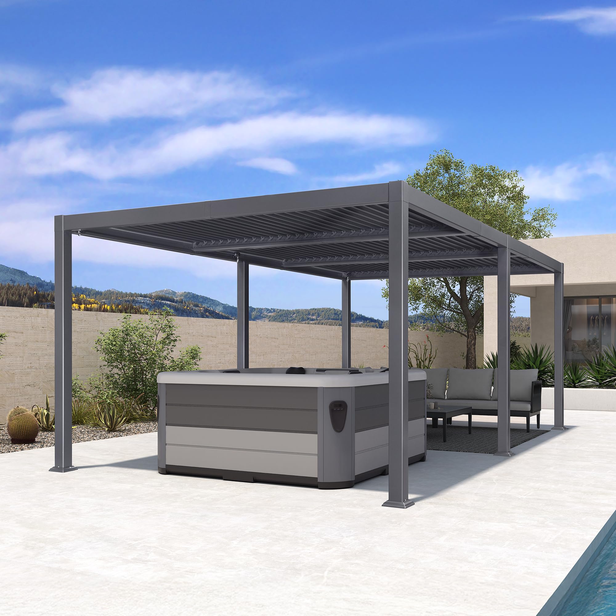 PURPLE LEAF Pergola Bioclimática 3,5 x 6,35 m de Aluminio, Cenador de Jardín Exterior con Cuchillas Orientables, Resistente a Intemperias, Pérgola Jardín Exterior para Terraza y Carport, Gris