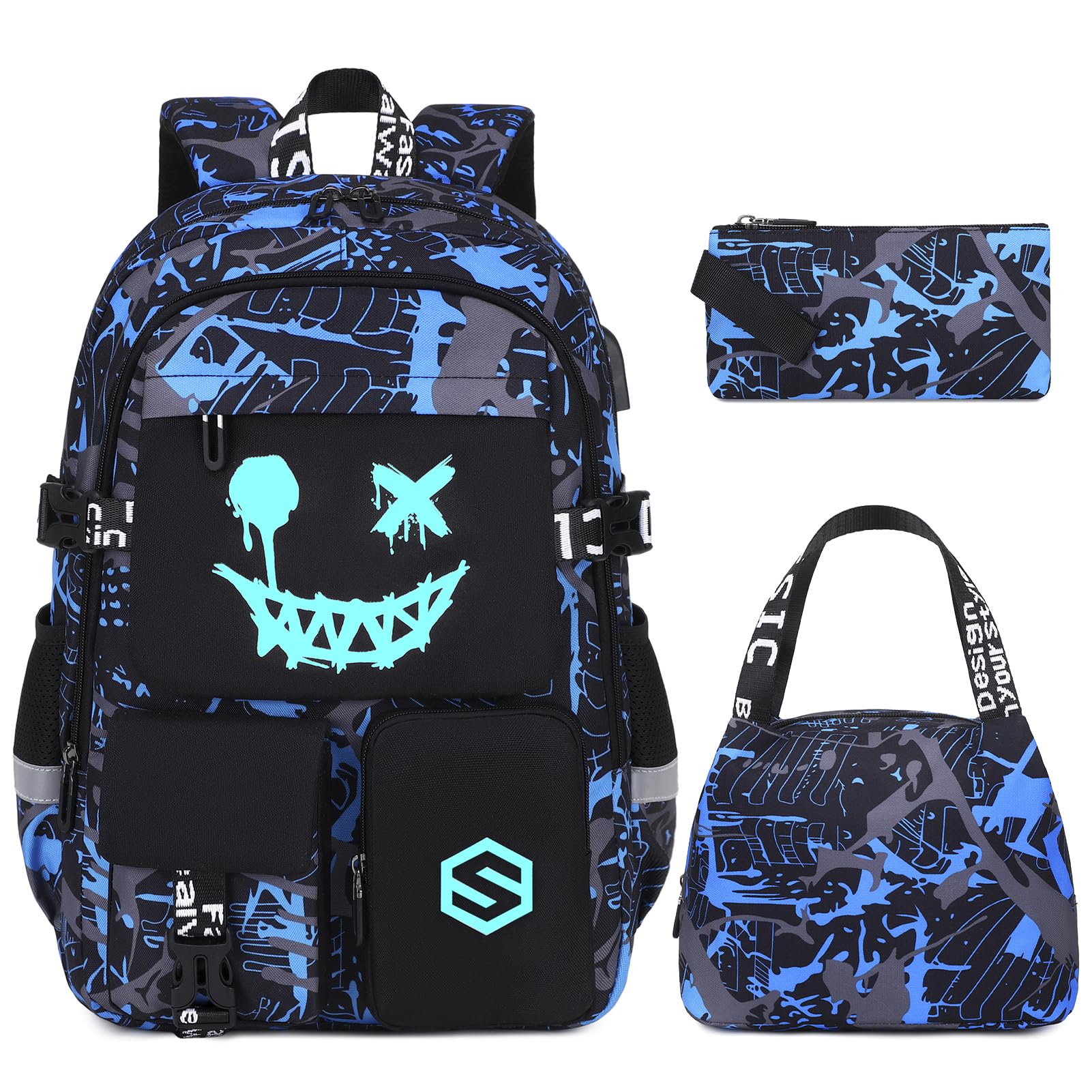 Scothen Boys Backpack, Cool Luminous School Backpacks for Boys with Lunch Bag Pencil Case, Kids Backpack Kindergarten Elementary Middle School Book Bags for Teen Boy Children with USB Charging Port Blue Face 3PCS Backpack Set