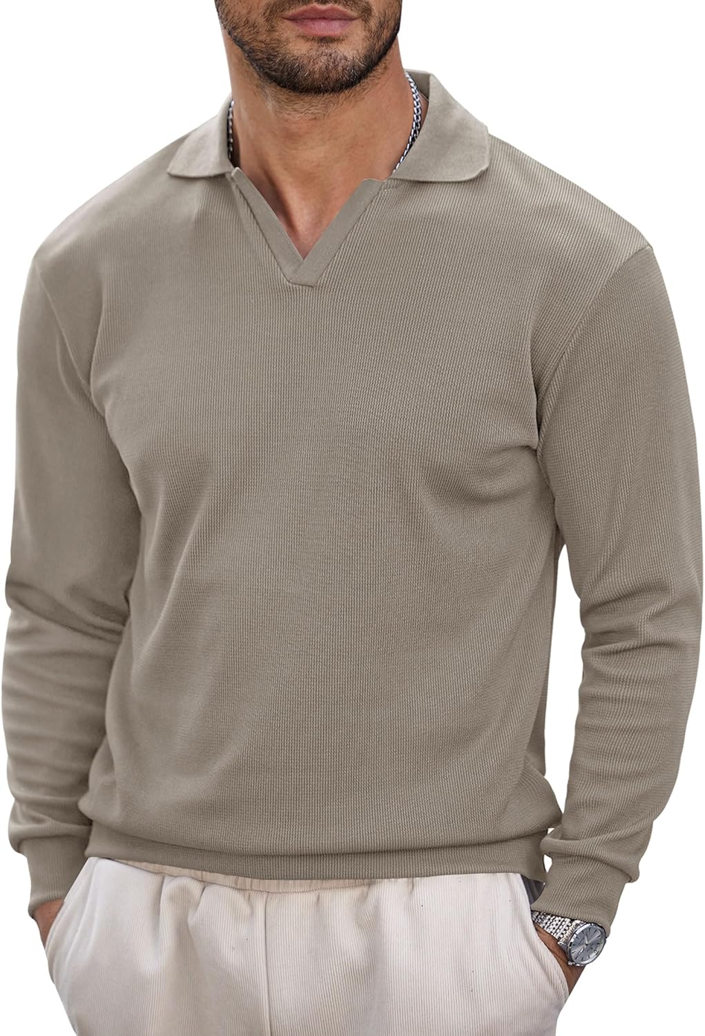 VOGSTART Mens Polo Shirts Long Sleeve V Neck Golf Shirt Casual Solid Color Classic Pullover (S-XXL)