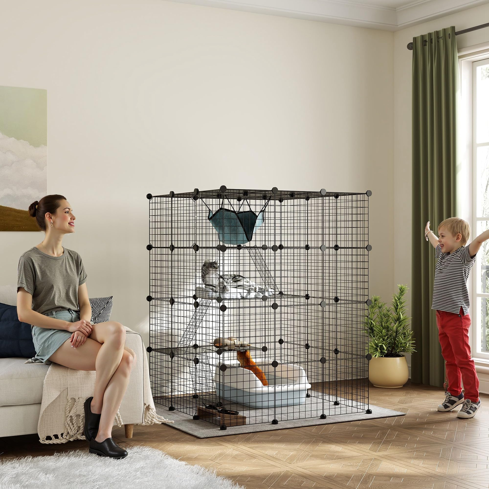 PawHut - Cercado para Animales domésticos, recinto de Conejo Interior, 4 Niveles, recinto Modular para pequeños Animales, Conejos, Paneles de Malla, 105 x 105 x 140 cm, Color Negro