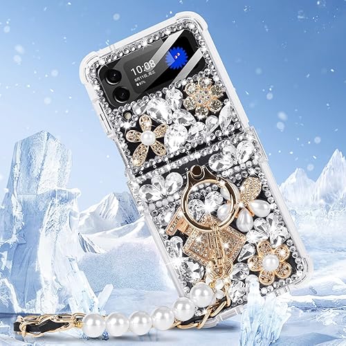 Miniatura 5 de Leiju Case Funda para Samsung Galaxy Z Flip 4 con correa, 3D hecha a mano con piedras brillantes, diamantes de cristal y purpurina para Samsung