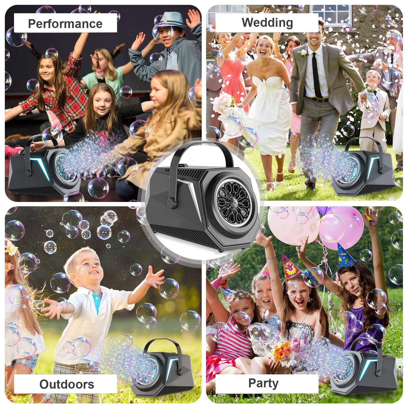 Macchina per Bolle con Telecomando & Luci RGB, 1800mAh Batteria Ricaricabile USB-C, Automatica e Portatile per Bambini, Matrimoni, Feste di Compleanno, Natale (Nero)