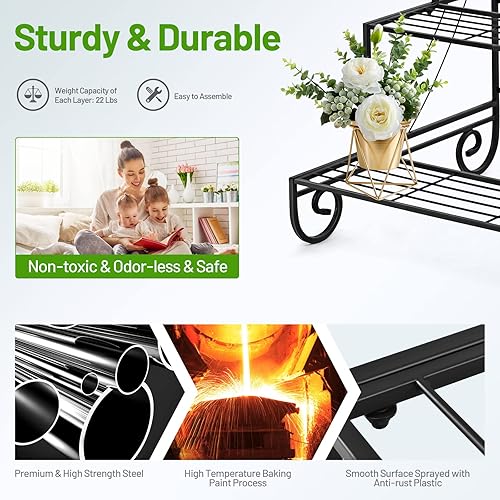 Miniatura 5 de S AFSTAR Soporte de metal para plantas de 3 niveles, soporte para plantas de jardín con 4 pies decorativos, estante de exhibición para macetas,