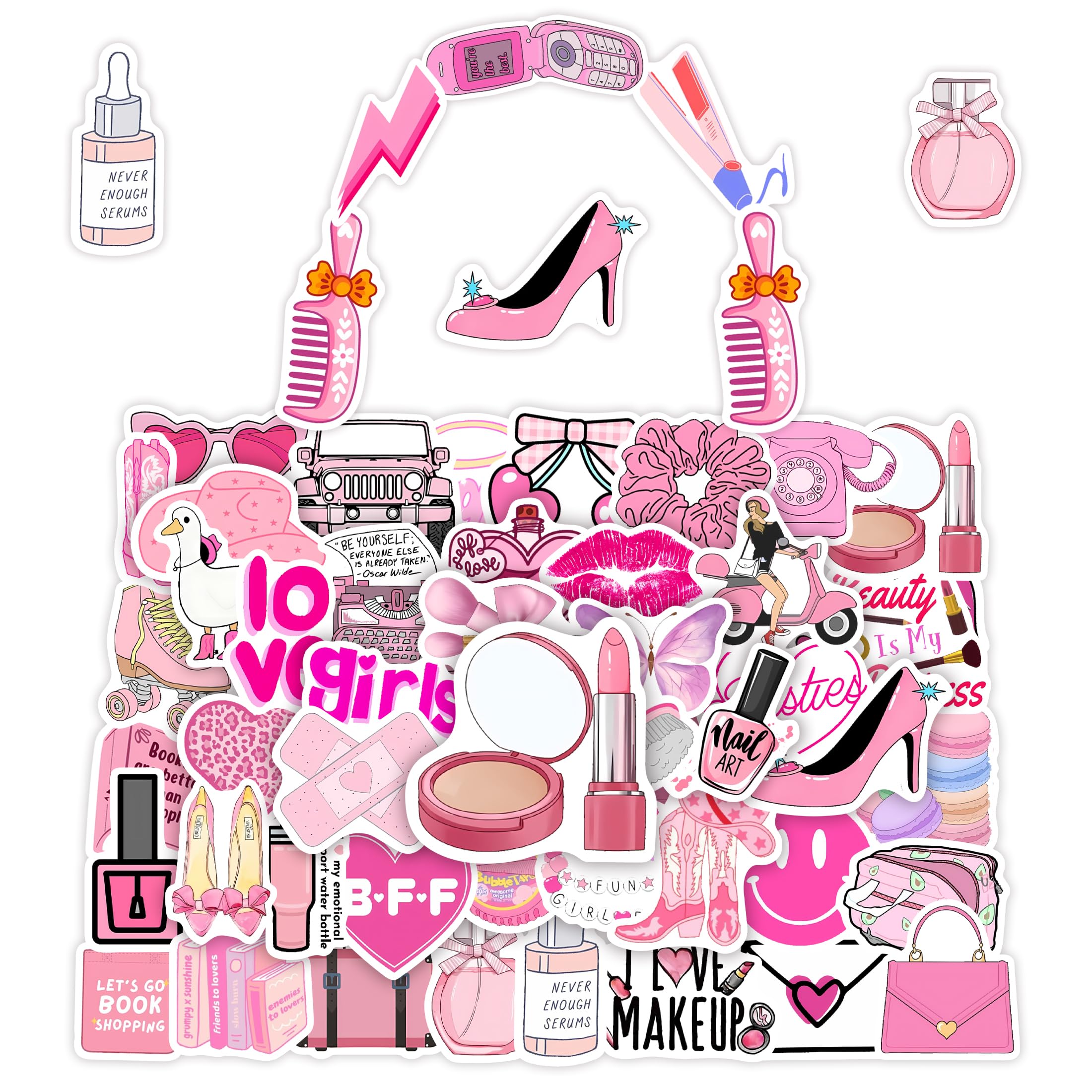 Cute Girl Pink Aesthetic Water Bottle Stickers for Kids, 50 Pcs Cartoon Waterproof Vinyl Water Bottle Laptop Decals, Kawaii Phone Case Mug Journal Scrapbook Party DIY Decoration