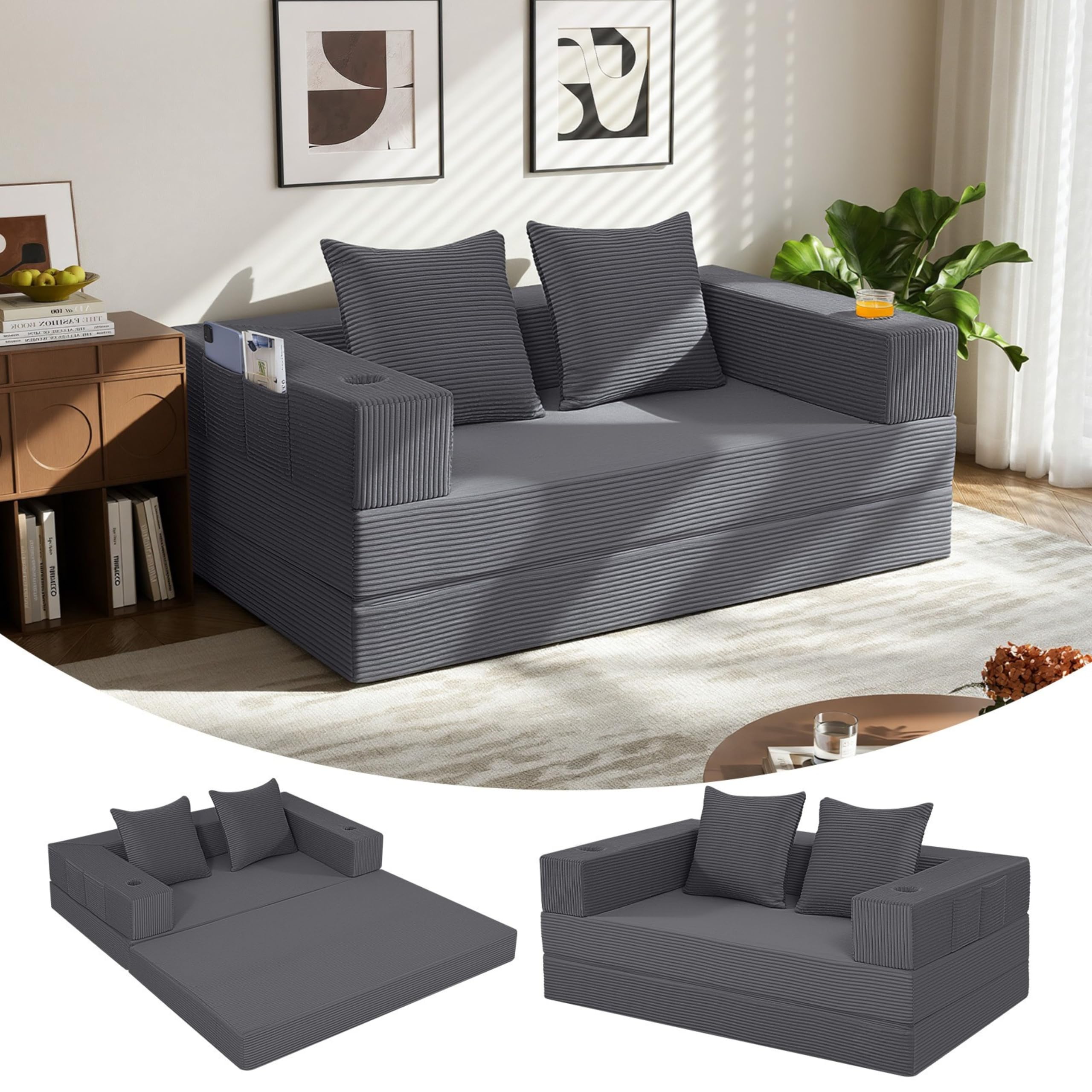 MeMoreCool 4-in-1 Boneless Couch, Umwandelbares Schlafsofa mit Armlehnen, Faltbare Matratze und Schlafsessel, Bequemes Schlafcouch für Wohnzimmer und Schlafzimmer als Lounge oder Gästebett