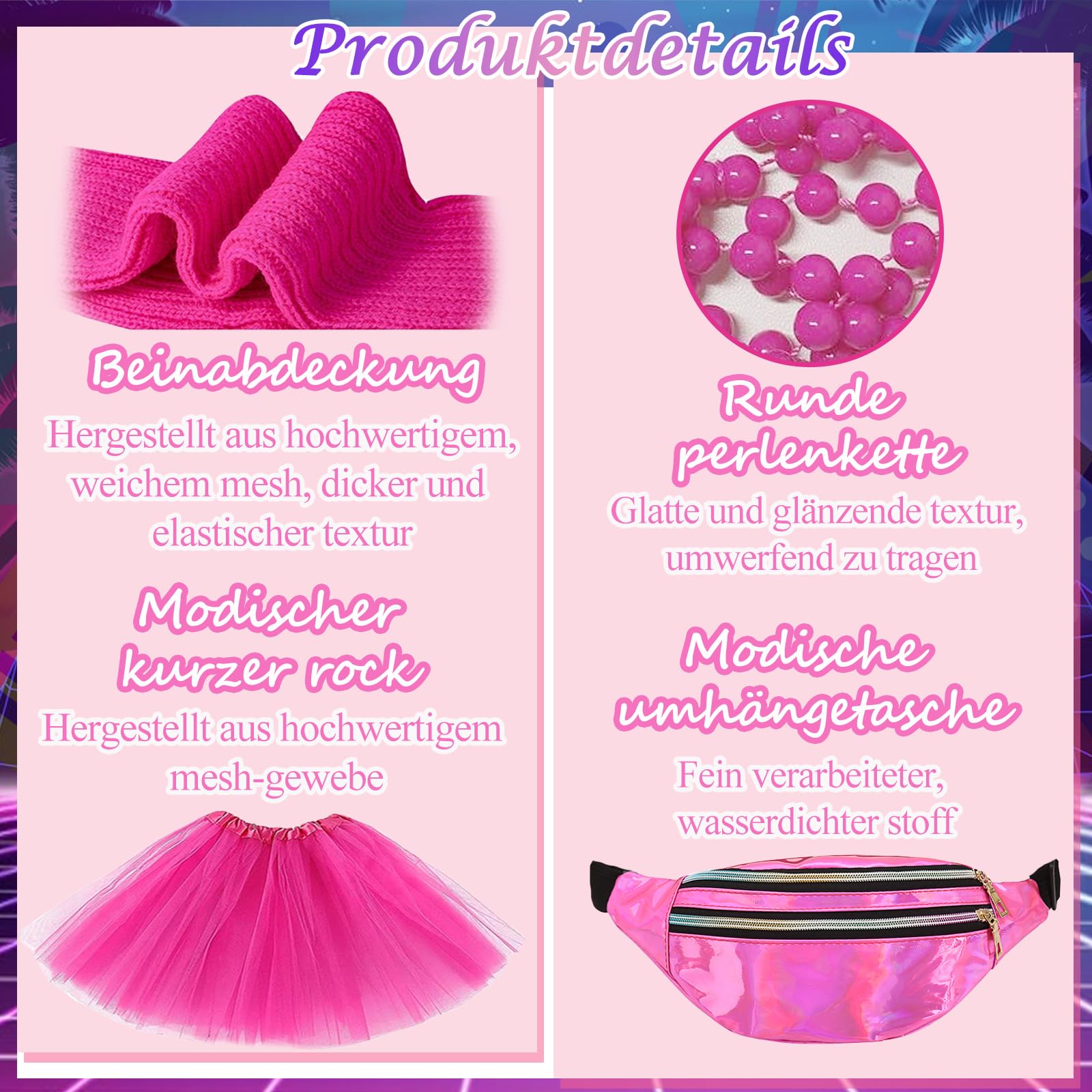 Grantop Zestaw 28 damskich strojów w stylu lat 80-tych XX wieku, w stylu lat 80., t-shirt, tutu, torba na brzuch, kolczyki, rękawice siatkowe, akcesoria na imprezę w stylu retro 80., kostium lat 80