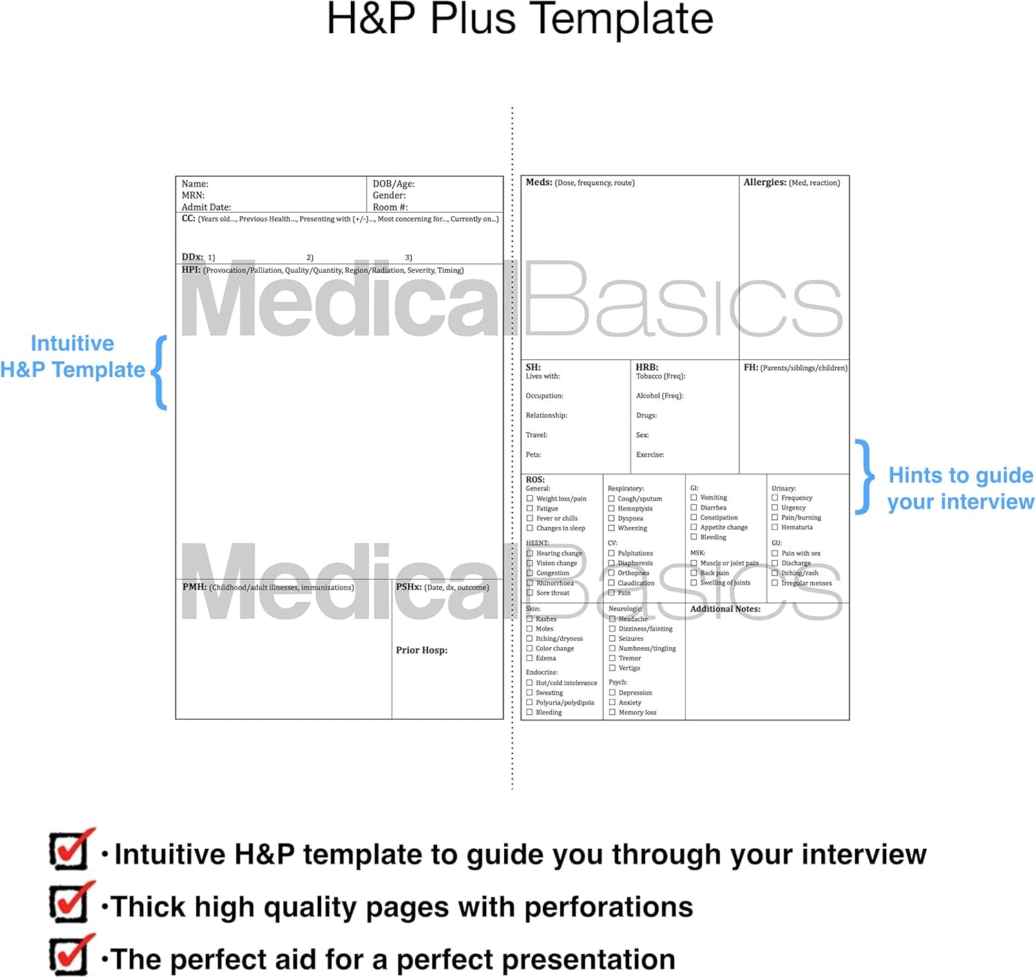 H&P notebook (Large Print) - Medical History and Physical notebook, 50 medical templates with perforations