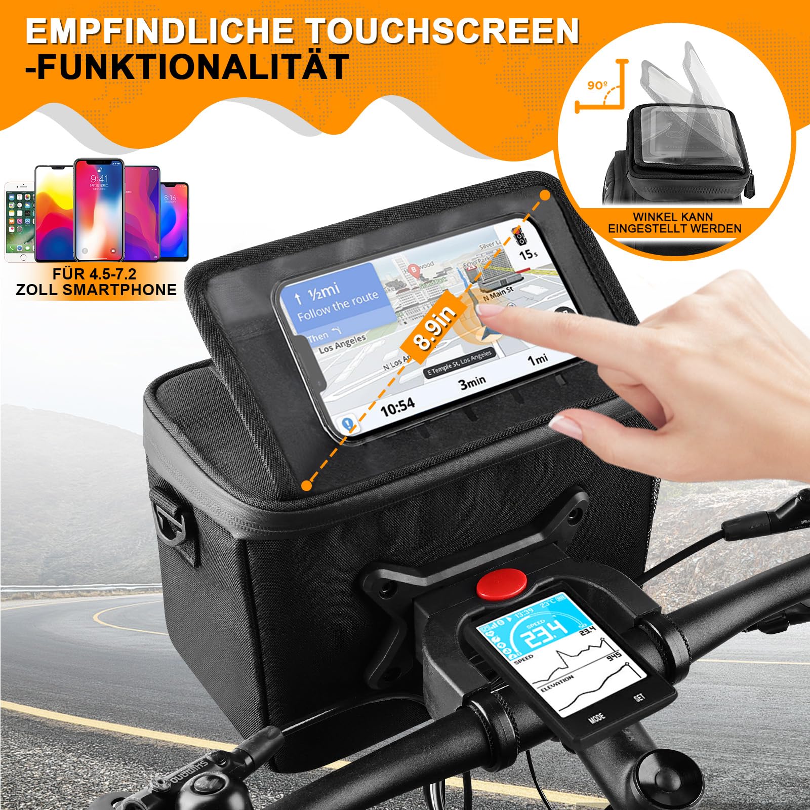 GXCROR Lenkertasche Fahrrad 5.5L Wasserdicht,Mit Touchscreen-Handyhalterung & Schultergurt - Universal für E-Bike, Mountainbike, Citybike
