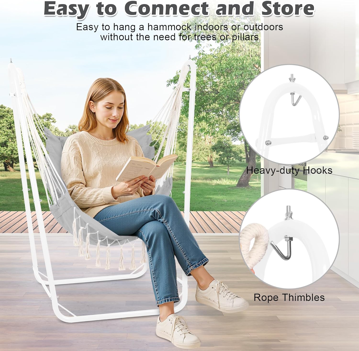U-Shaped Hammock Chair with Stand, Indoor & Outdoor Heavy-Duty Metal Frame, Hammock Swing Stand Chair with Side Pockets for Brackyard Patio Porch (Light Gray)