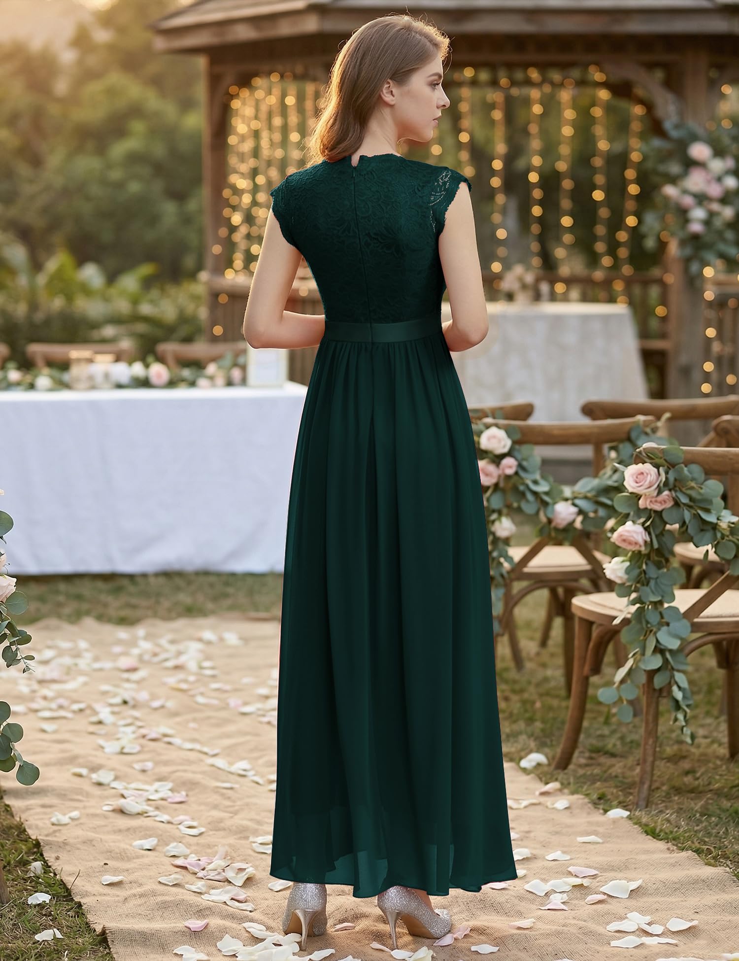 Dressystar Damen Abendkleid Lang Elegant für Hochzeit Spitze Chiffon Maxi Ballkleider Flügelärmel Cocktailkeider