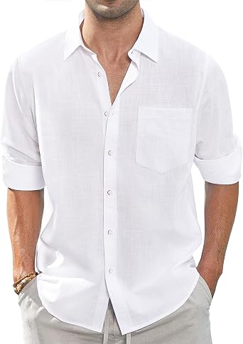J.VER Men's Linen Shirts Casual Button Down Long Sleeve Shirt Solid Spread Collar Summer Beach Shirts with Pocket