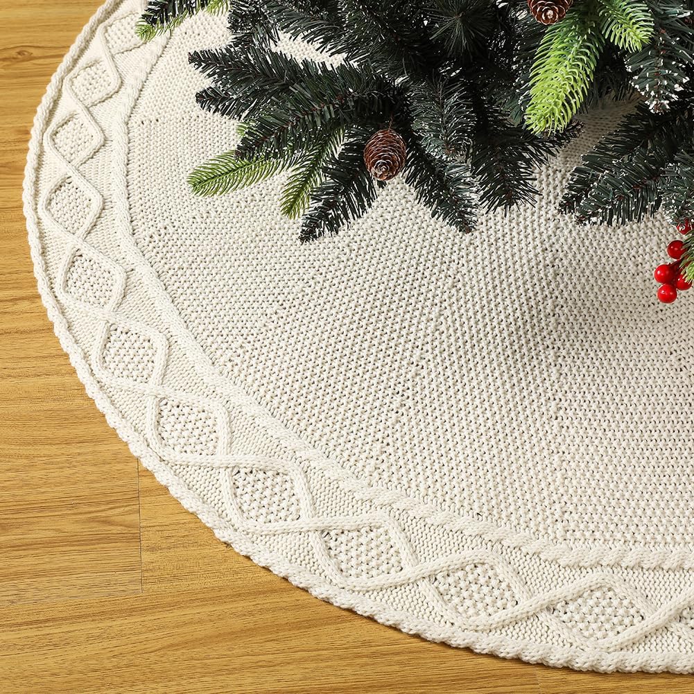 Sattiyrch Knit Christmas Tree Skirt – Classic Cable Knit Tree Base Wrap with Tie Closure – Cozy Holiday Décor for 4–6 ft Christmas Tree (White,36in) White 36"